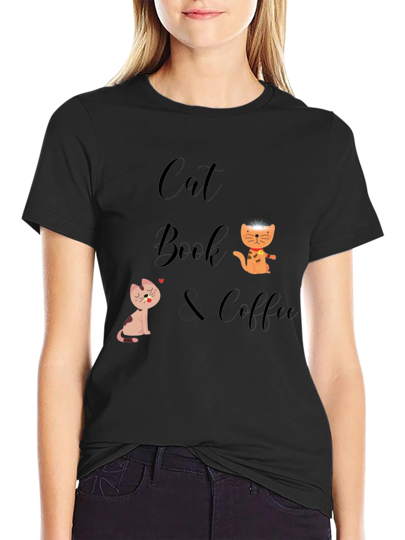 Black Cat Book & Coffee Graphic T-Shirt view 2
