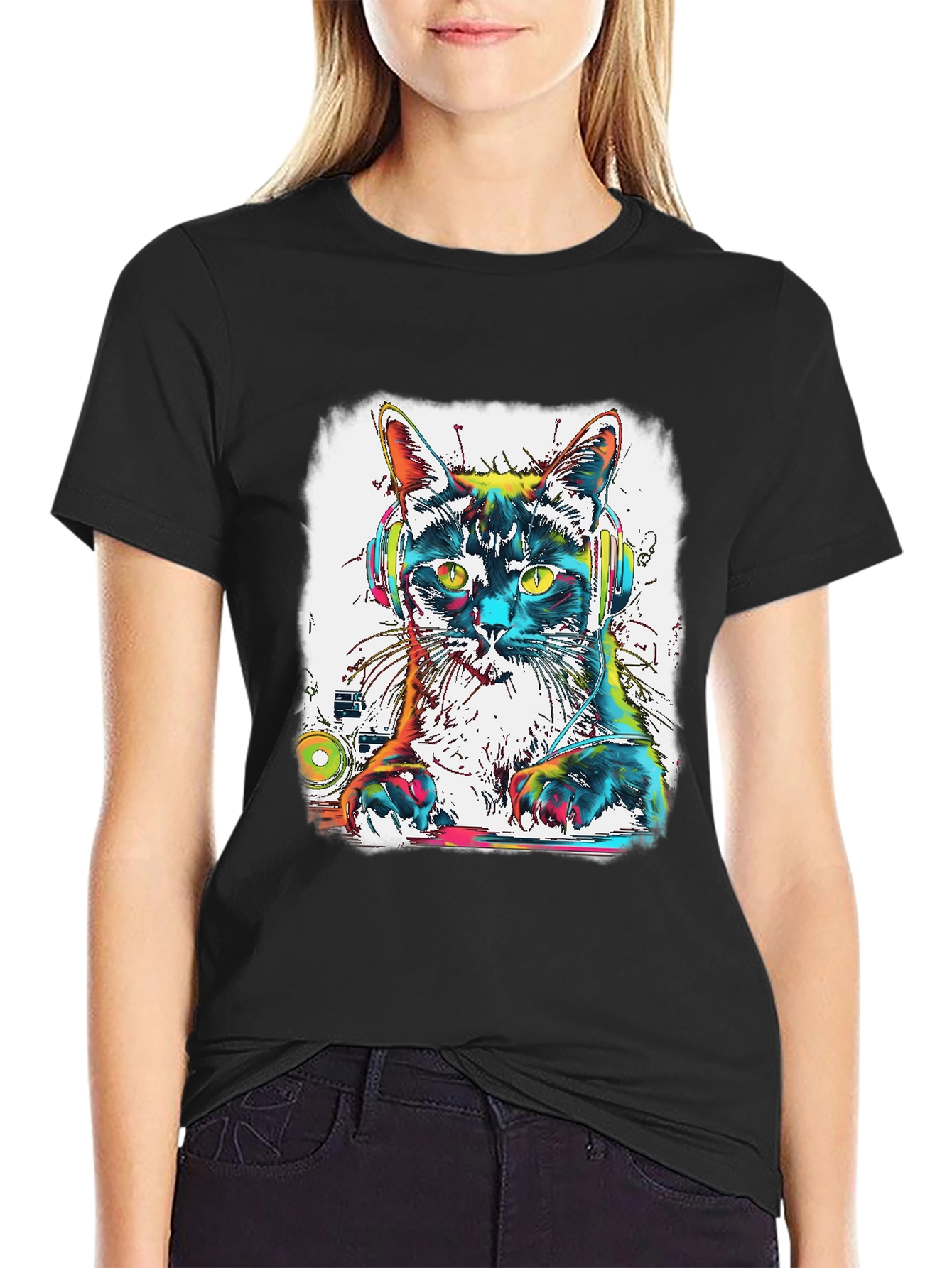 Black DJ Cat T-Shirt - Colorful Graphic Tee view 2
