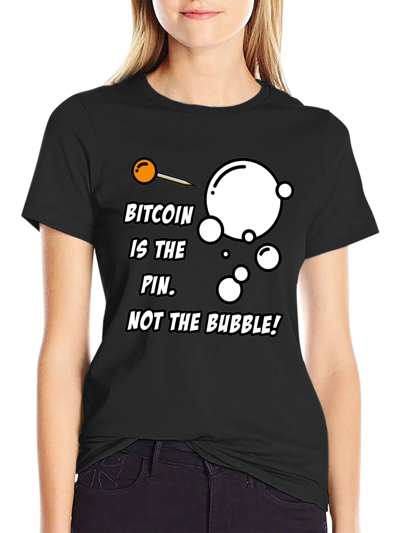 Black Bitcoin Pin Bubble Graphic T-Shirt view 2