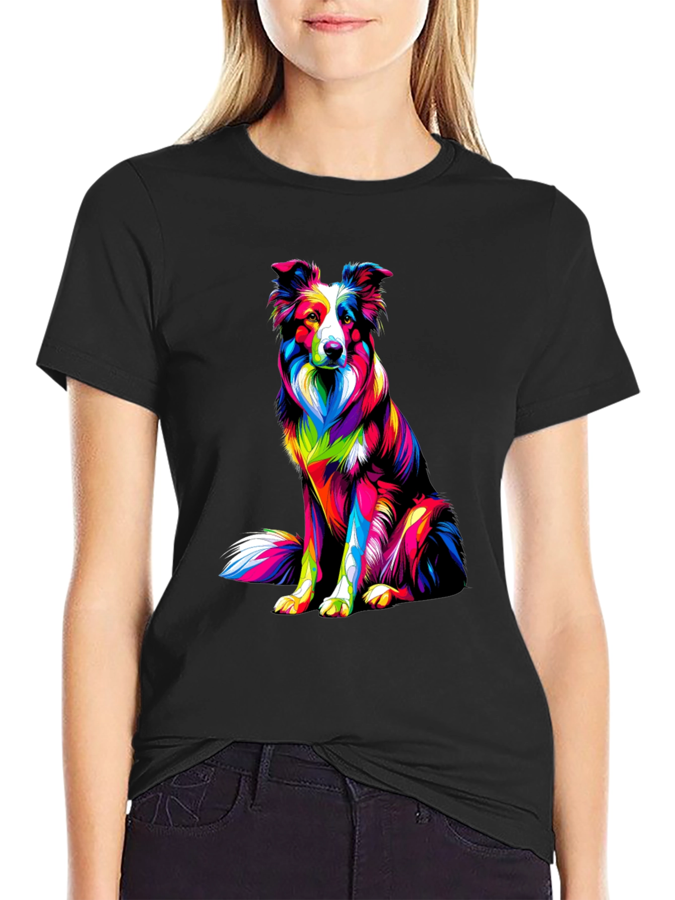 Black Colorful Dog Graphic Tee - Border Collie T-Shirt view 2