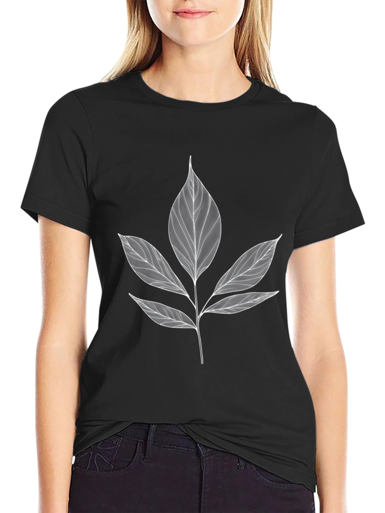 Black Botanical Leaf Print Black T-Shirt view 2