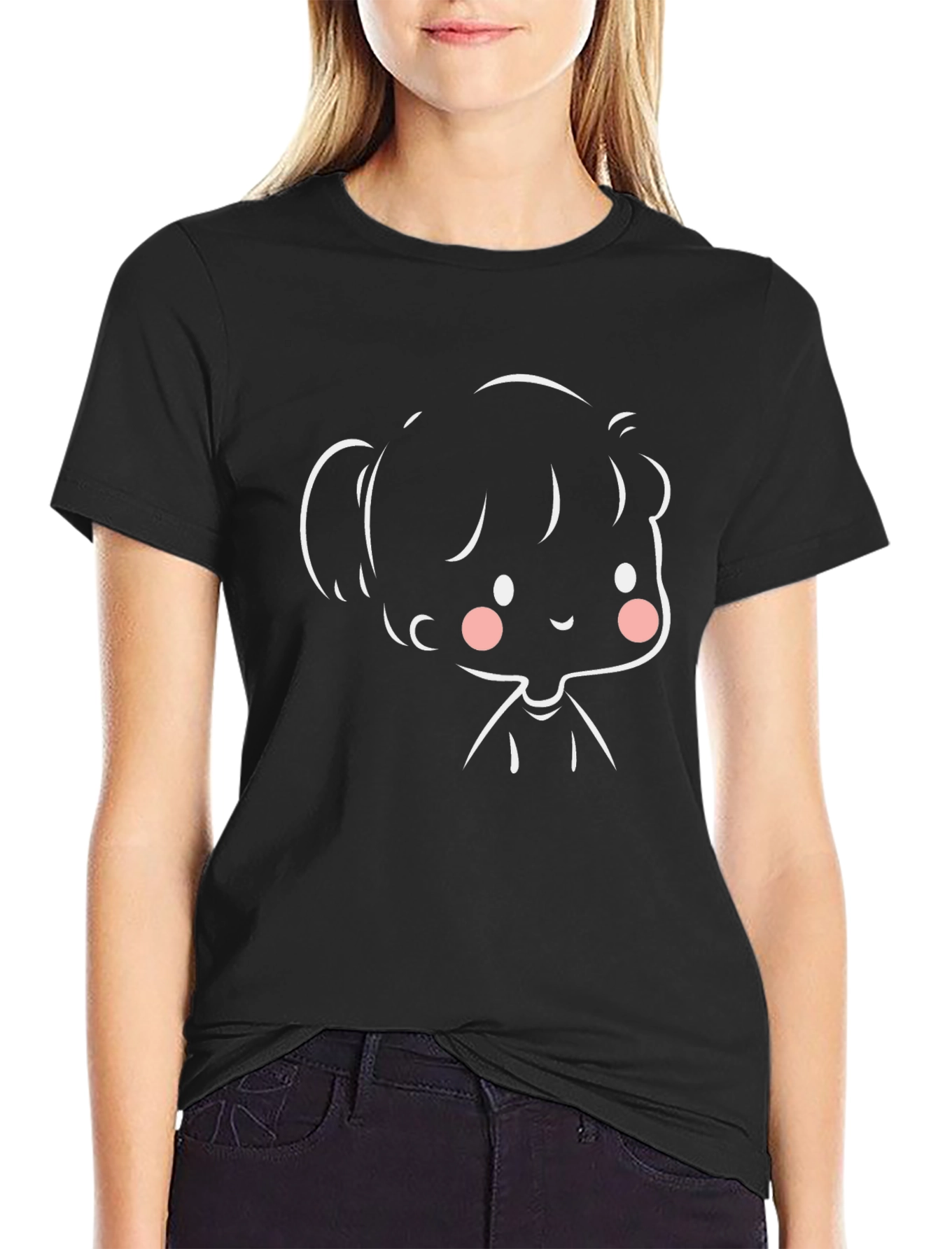 Black Cute Cartoon Girl Black T-Shirt view 2