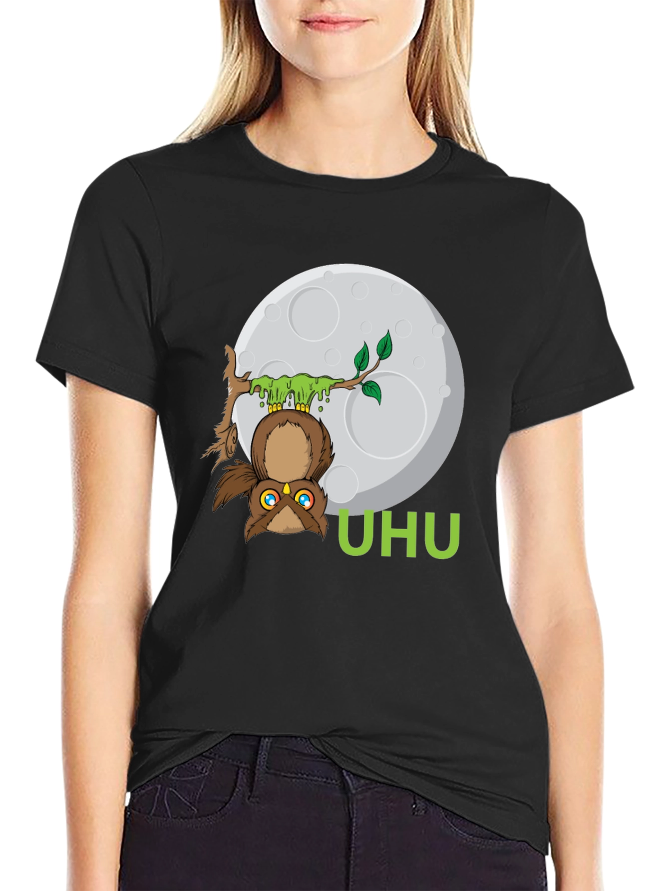 Black UHU Owl T-Shirt - Moonlit Design view 2