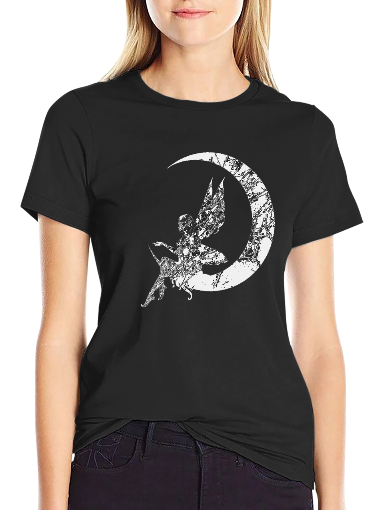 Black Fairy Moon Graphic T-Shirt - Black Cotton Tee view 2