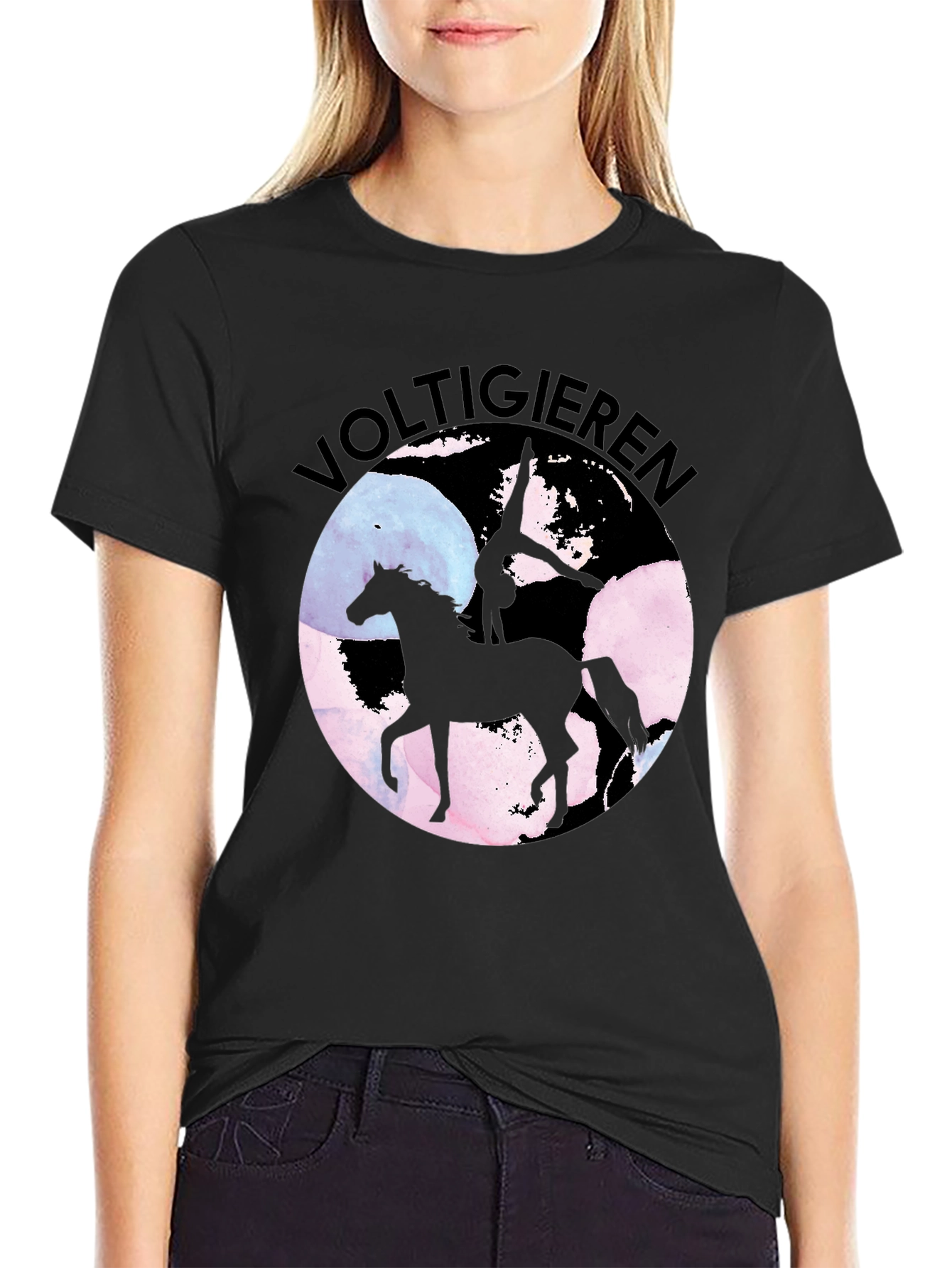 Black Voltigieren Horse T-Shirt - Equestrian Art Tee view 2