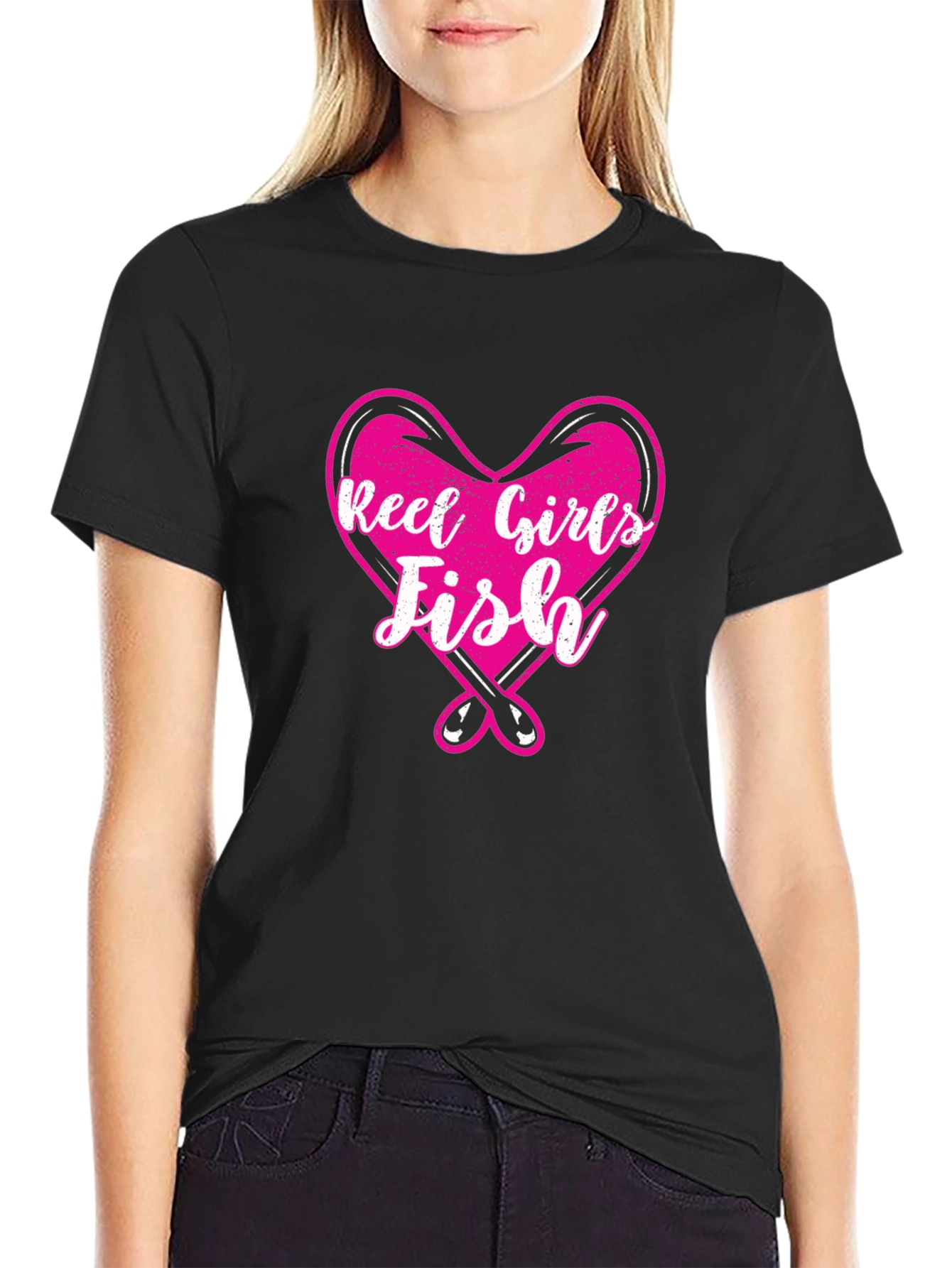 Black Reel Girls Fish Heart Graphic T-Shirt view 2