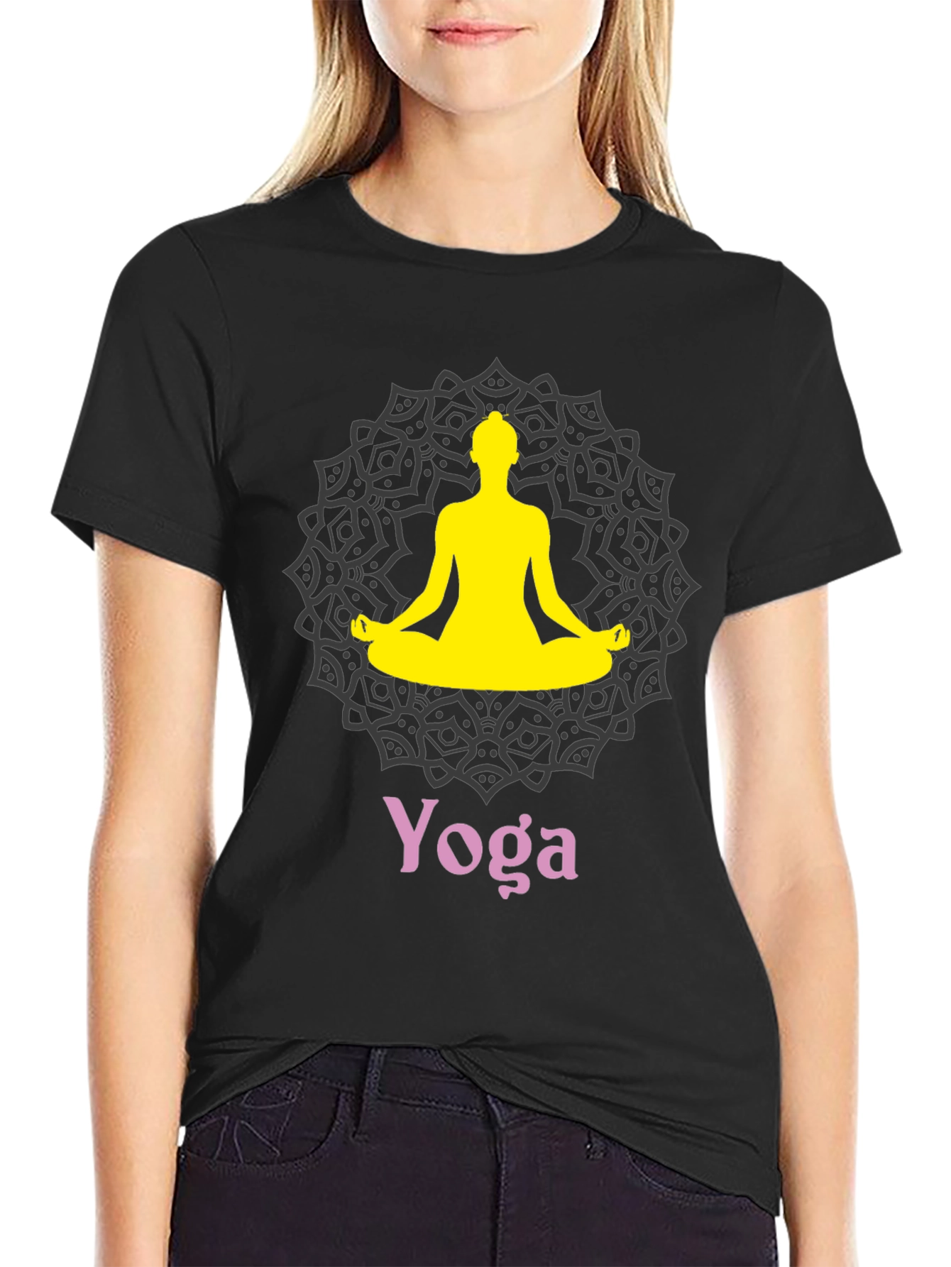 Black Yoga Mandala Graphic T-Shirt view 2