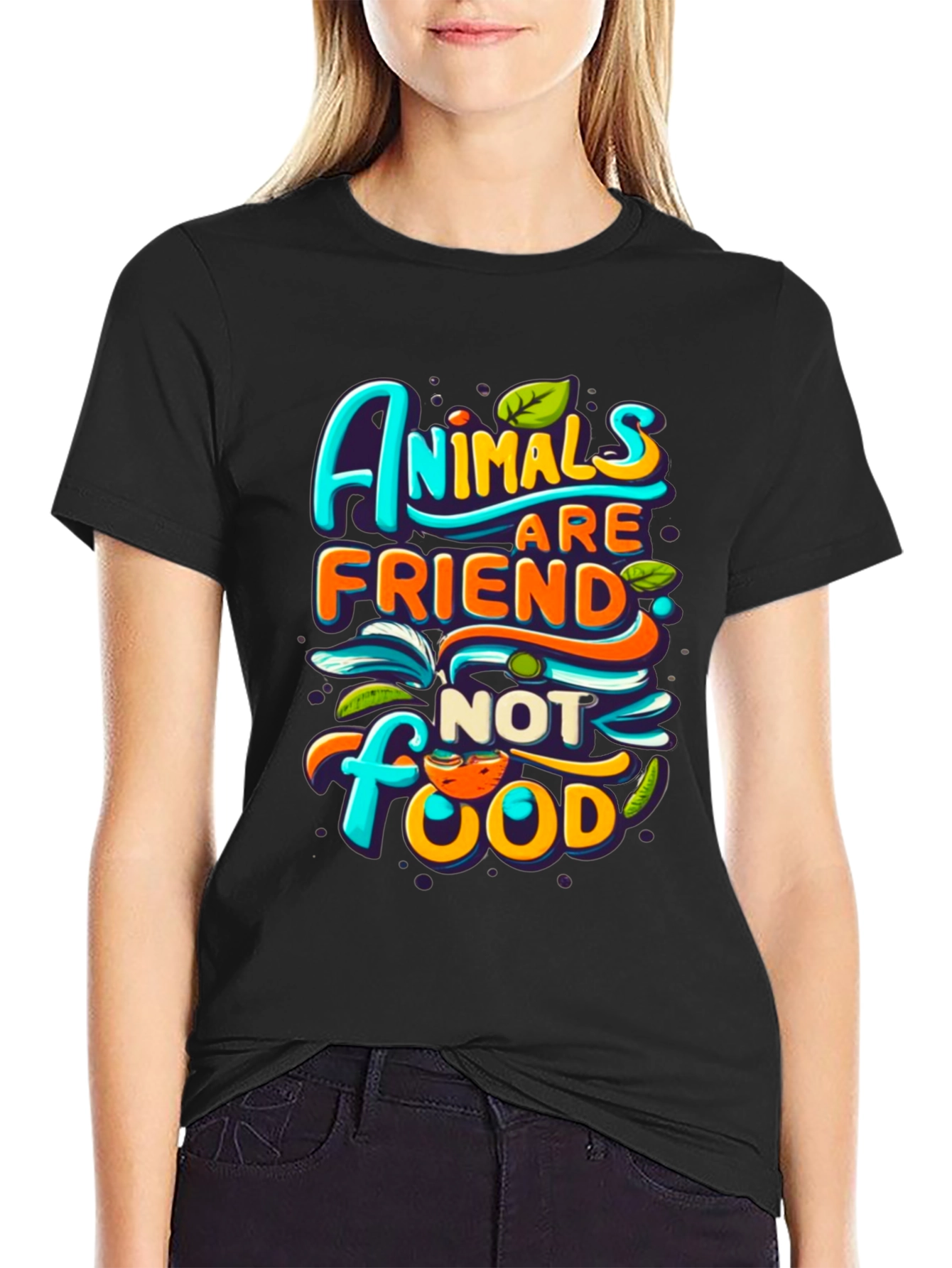 Black Vegan T-Shirt: Animals are Friends, Not Food! view 2
