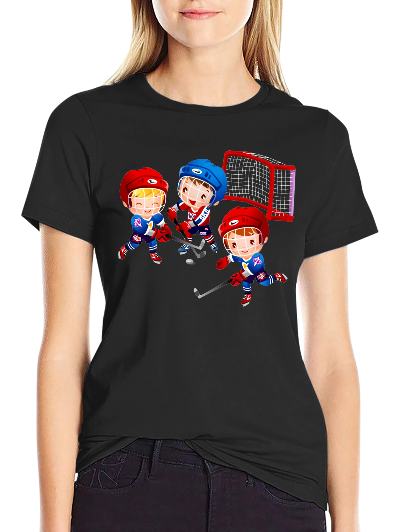 Black Hockey Cartoon Graphic T-Shirt - Fun Sports Tee view 2