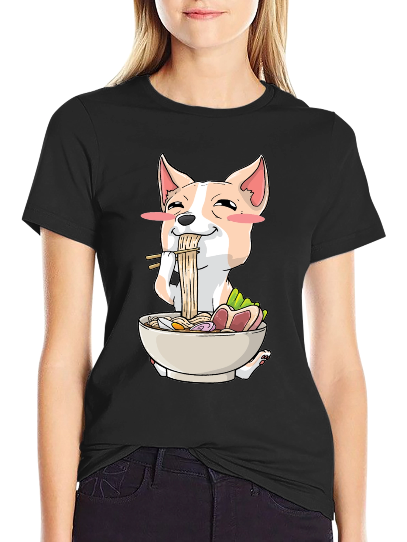 Black Cute Dog Eating Ramen Graphic T-Shirt view 2