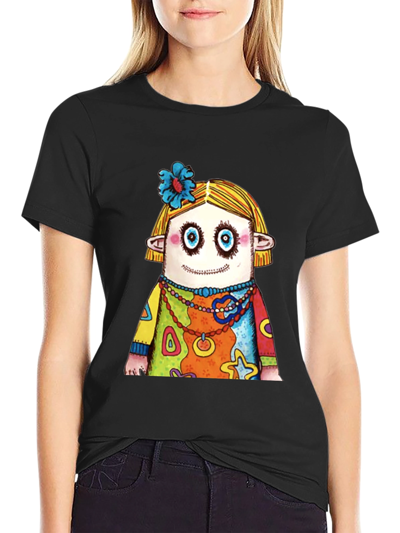 Black Quirky Cartoon Character Graphic Black T-Shirt view 2