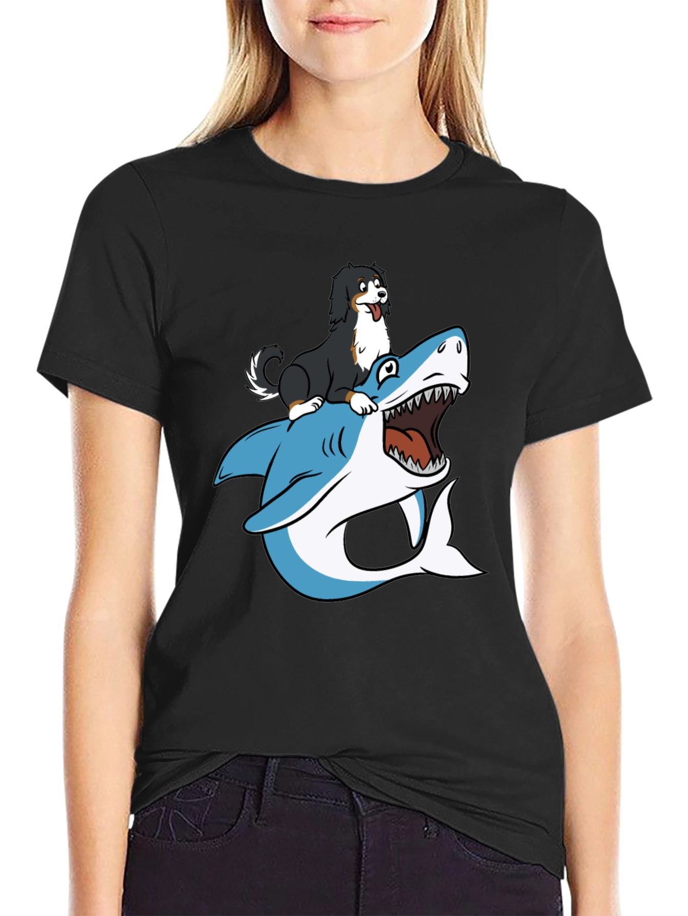 Black Dog Riding Shark T-Shirt - Black view 2
