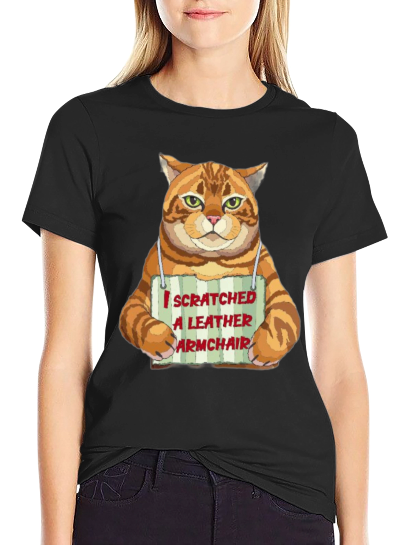 Black I Scratched a Leather Armchair Cat T-Shirt view 2