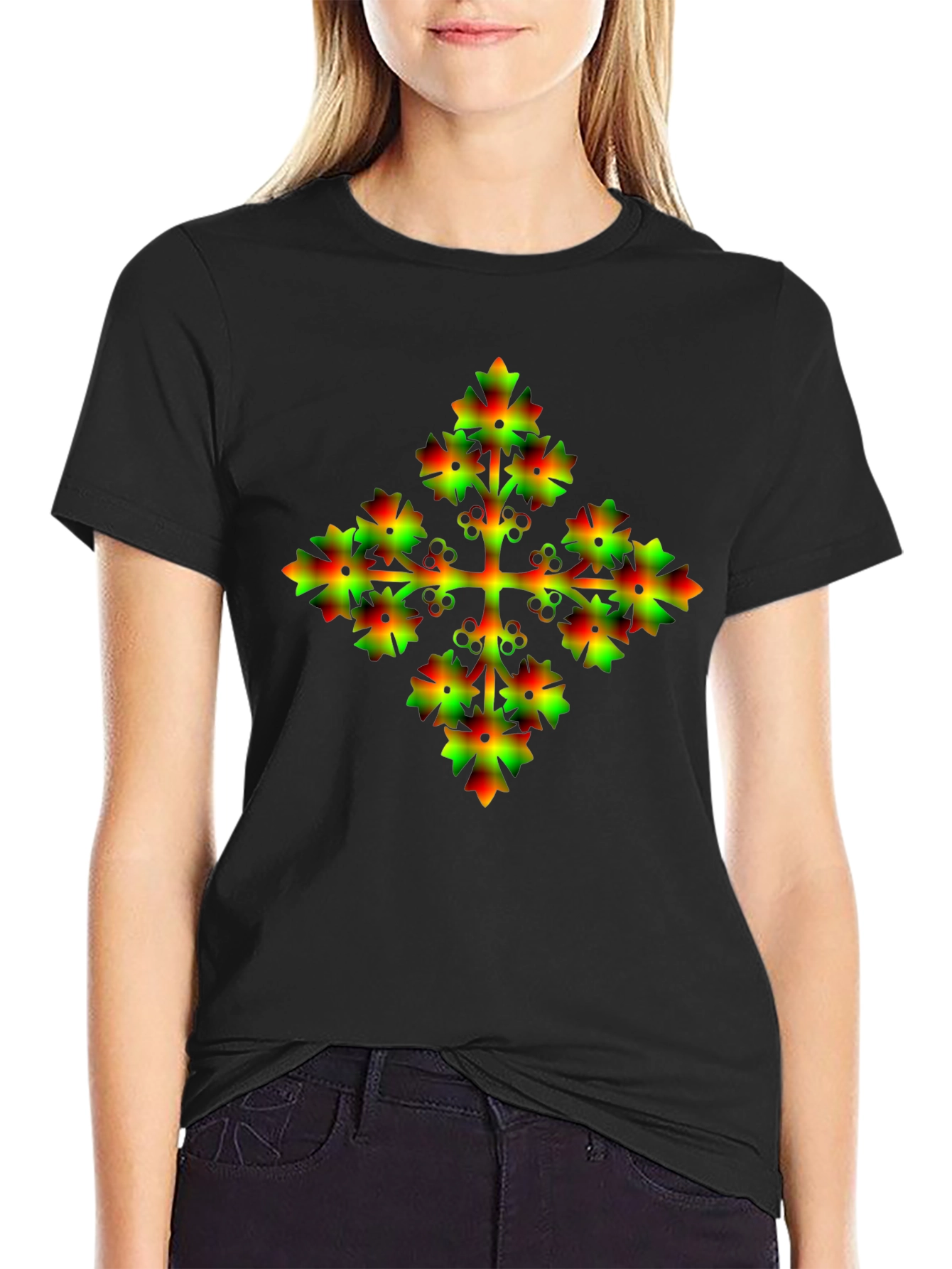 Unique Gradient Floral Cross Graphic Tee - 2