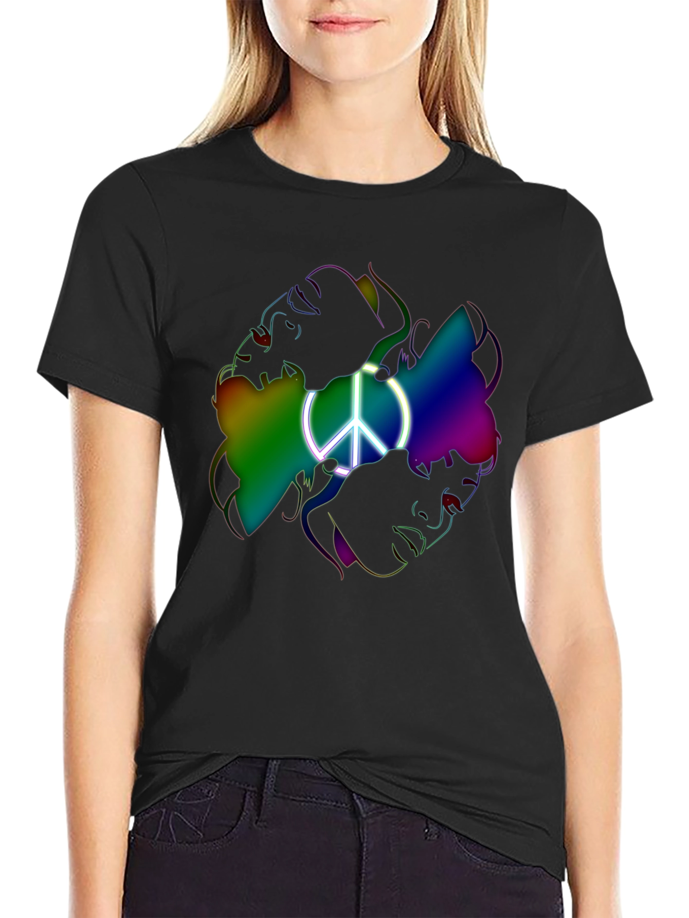 Black Peace Sign Rainbow Faces Graphic T-Shirt view 2