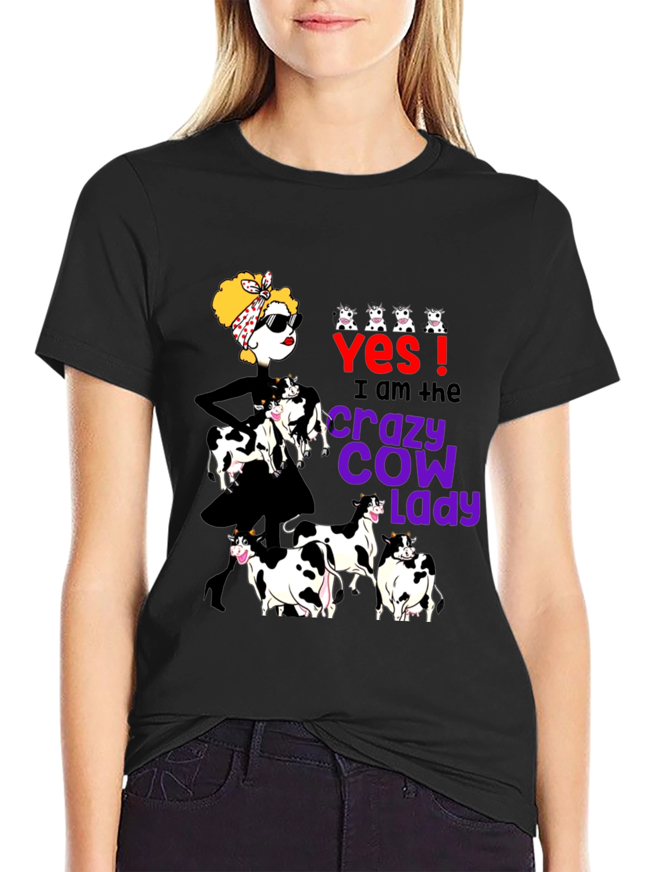 Black Crazy Cow Lady Graphic Tee - Black view 2