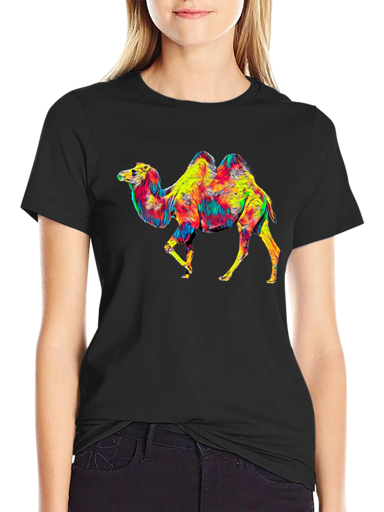 Black Colorful Camel Graphic T-Shirt - Unique Animal Print view 2