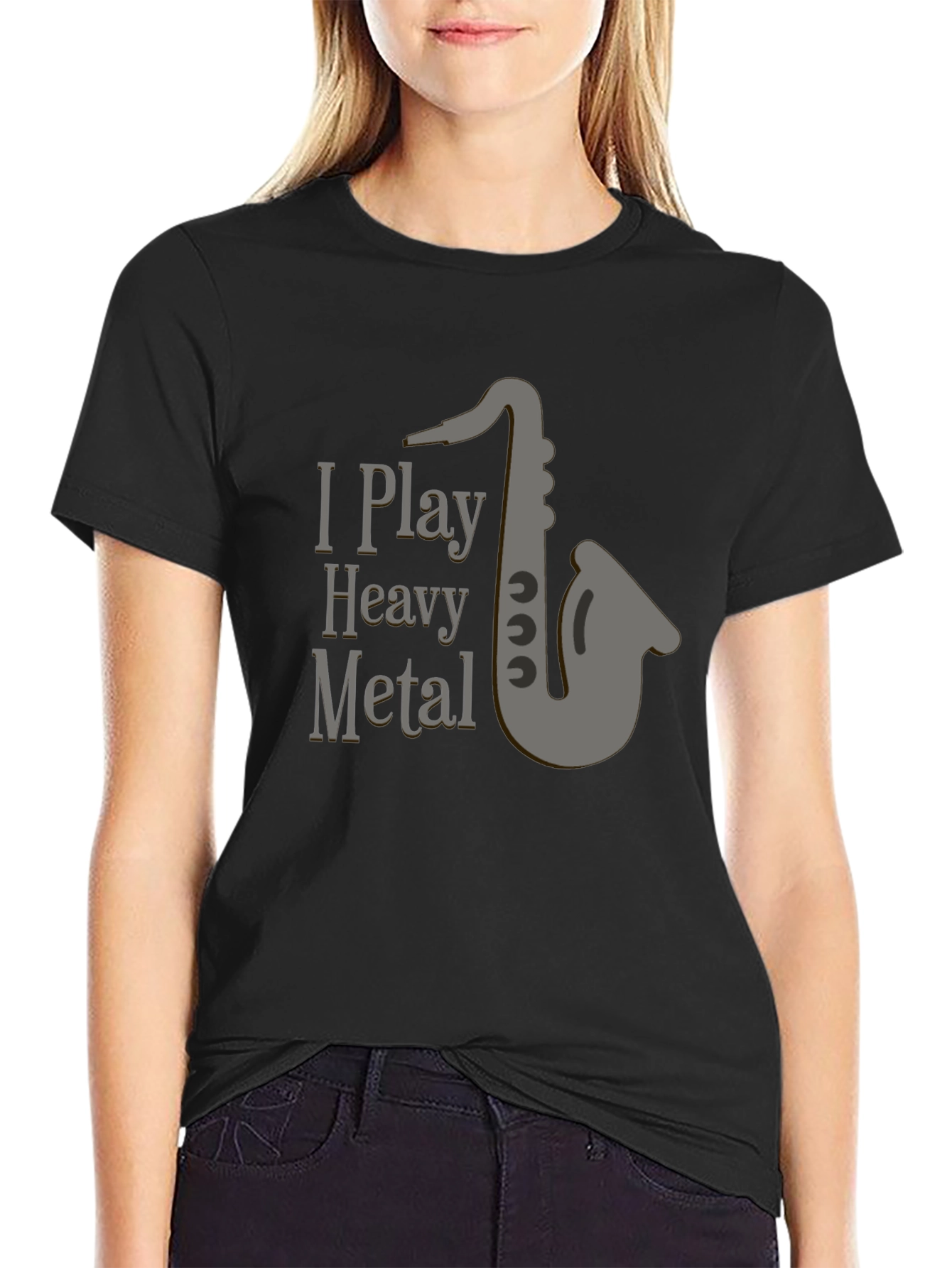 Black I Play Heavy Metal T-Shirt - Saxophone Design view 2