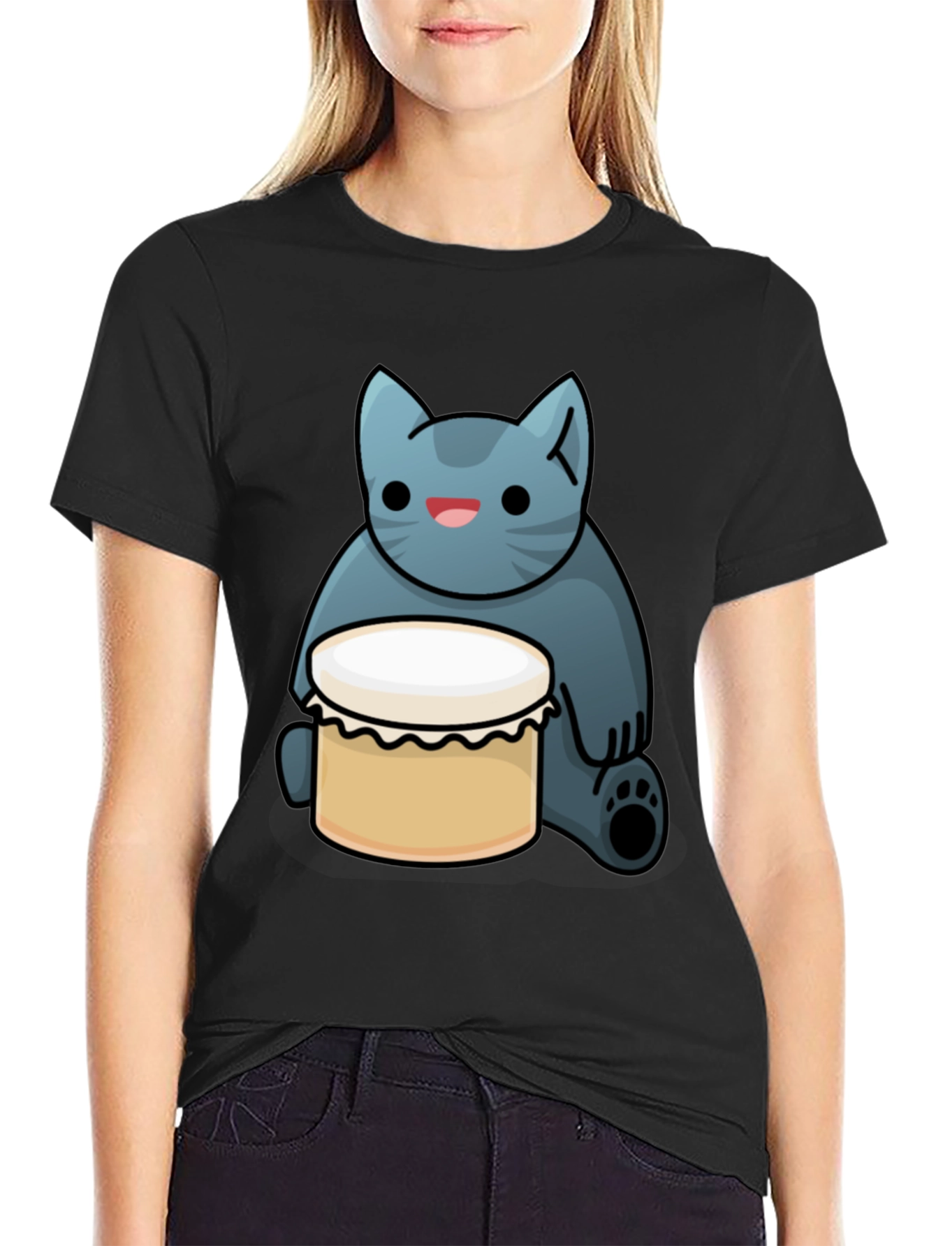 Black Cat Drum T-Shirt - Black, Fun Graphic Tee view 2