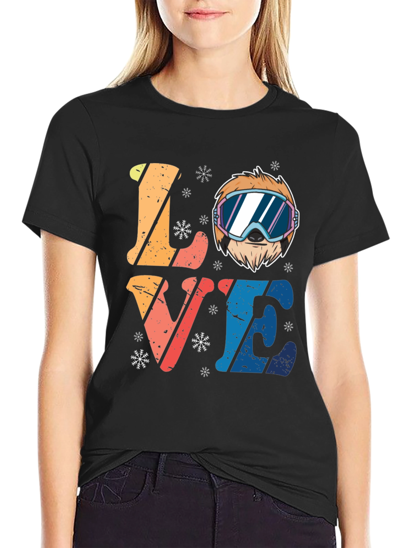 Black Ski Sloth 'Love' Graphic Tee - Winter Fun view 2