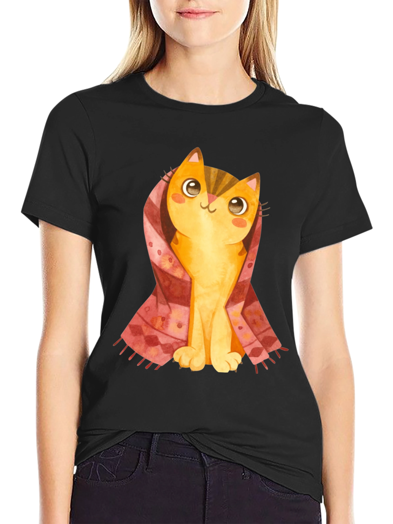 Black Cute Cartoon Cat in Scarf Black T-Shirt view 2