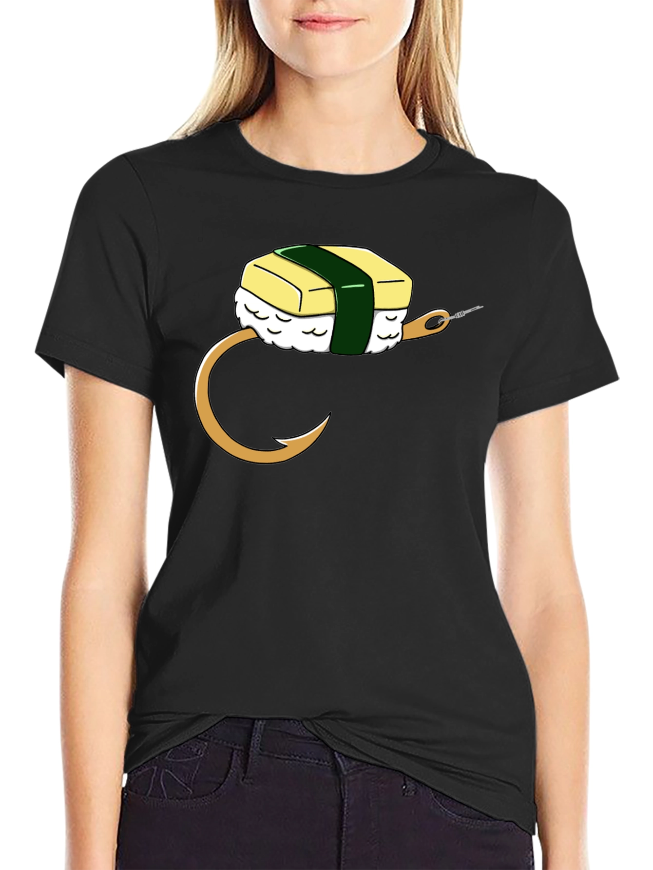 Black Sushi Bait T-Shirt: Funny Fishing Tee for Sushi Lovers view 2