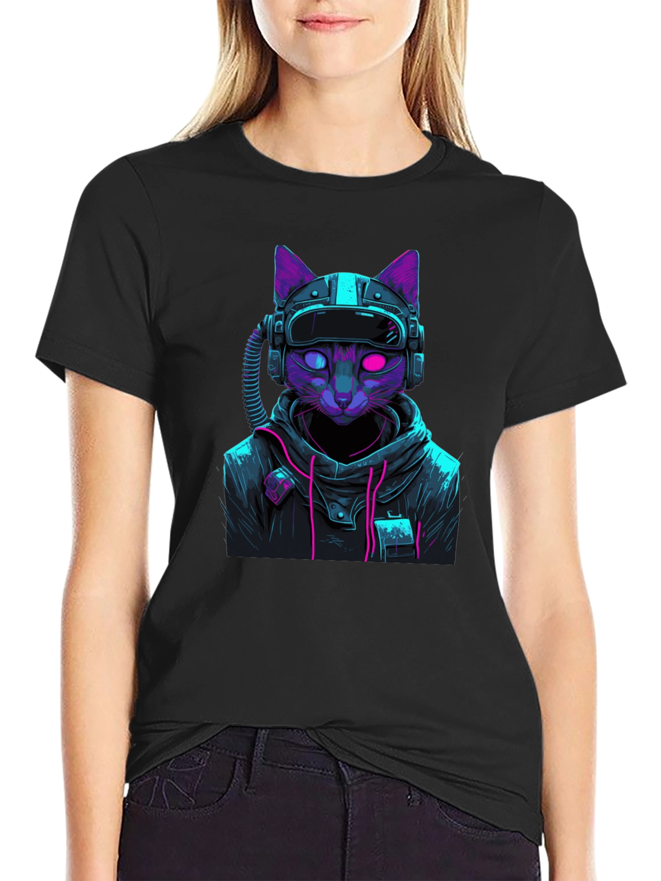 Black Cyberpunk Cat T-Shirt - Futuristic Style view 2