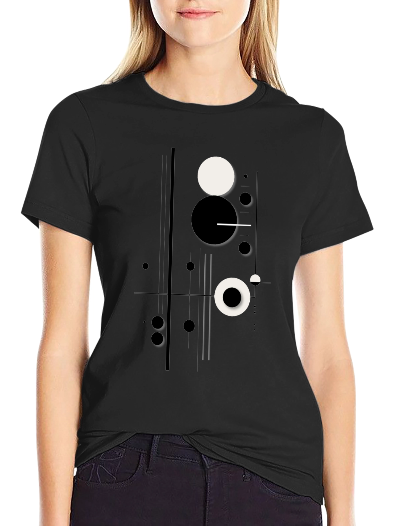 Black Abstract Geometric Circle Print Black T-Shirt view 2