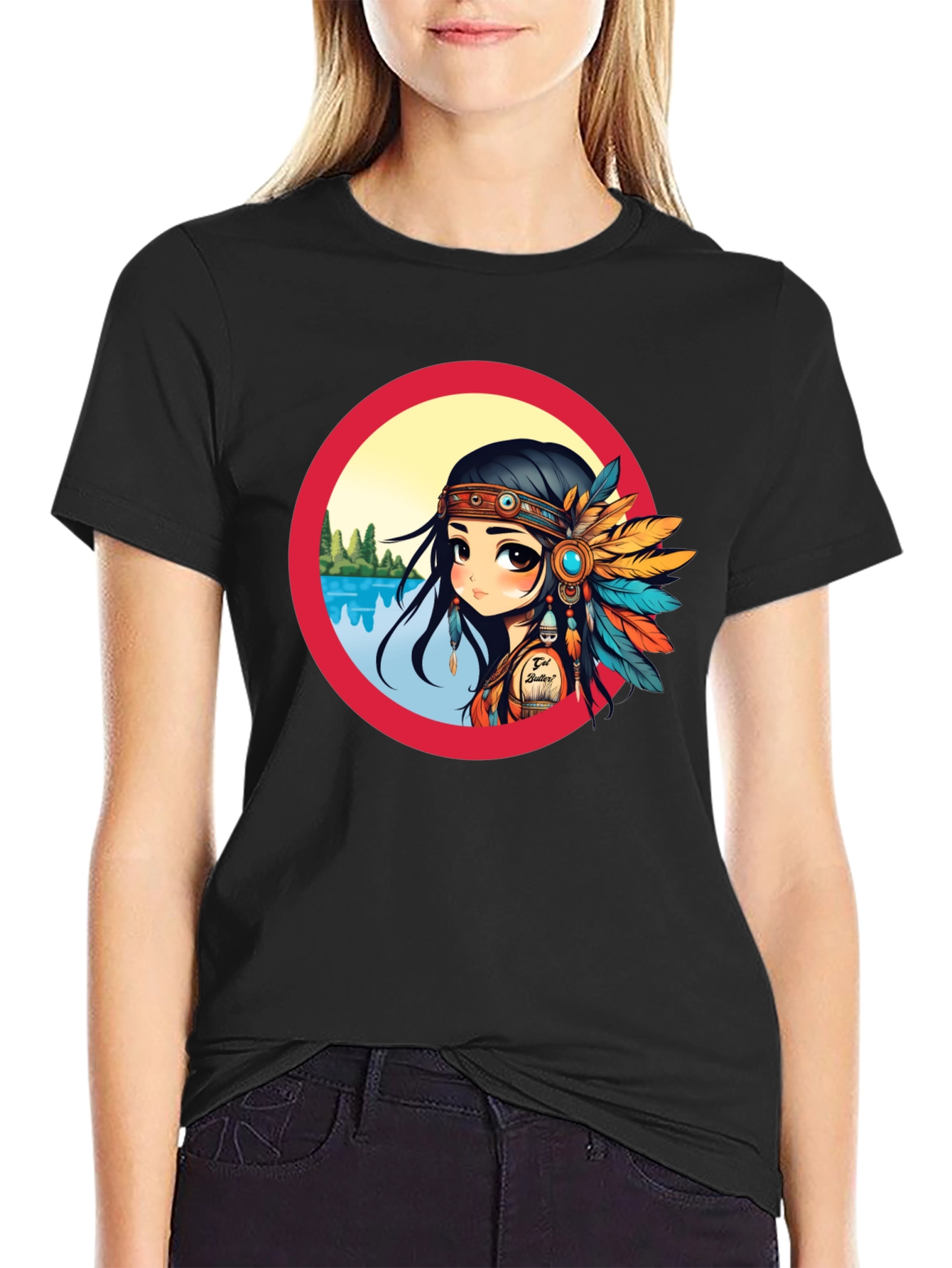 Black Cartoon Native American Girl Graphic Tee view 2