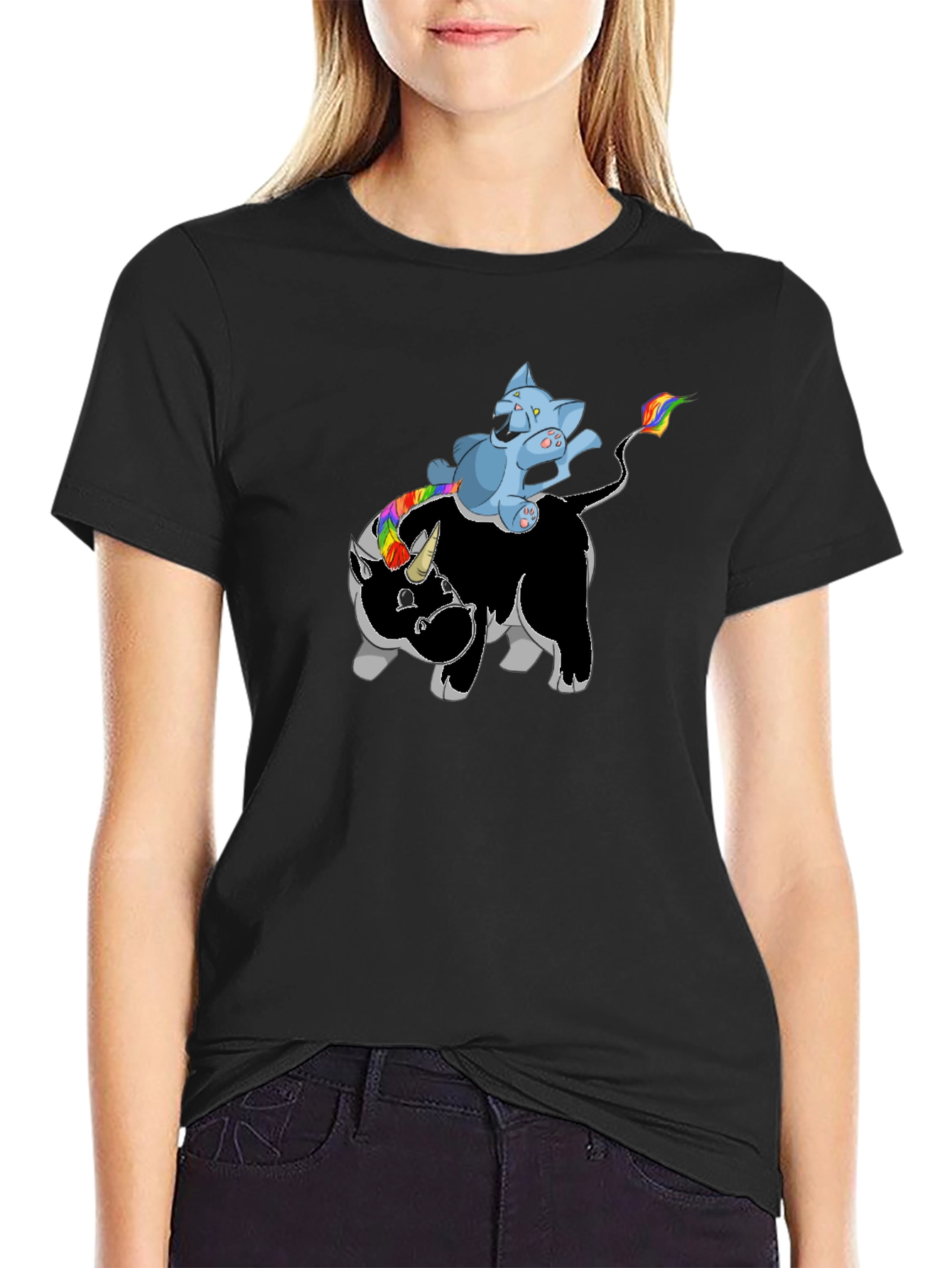 Black Unicorn Rhino Cat Rider T-Shirt - Black view 2