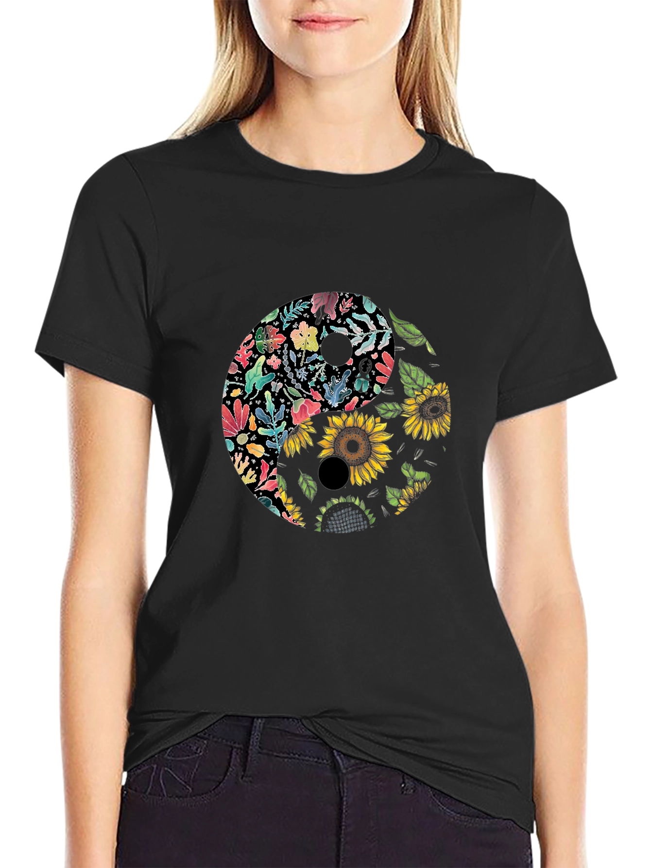 Black Floral Yin Yang Graphic Tee - Black view 2