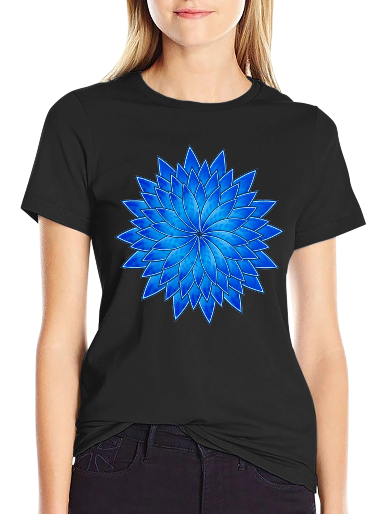 Black Blue Flower Graphic Black T-Shirt view 2