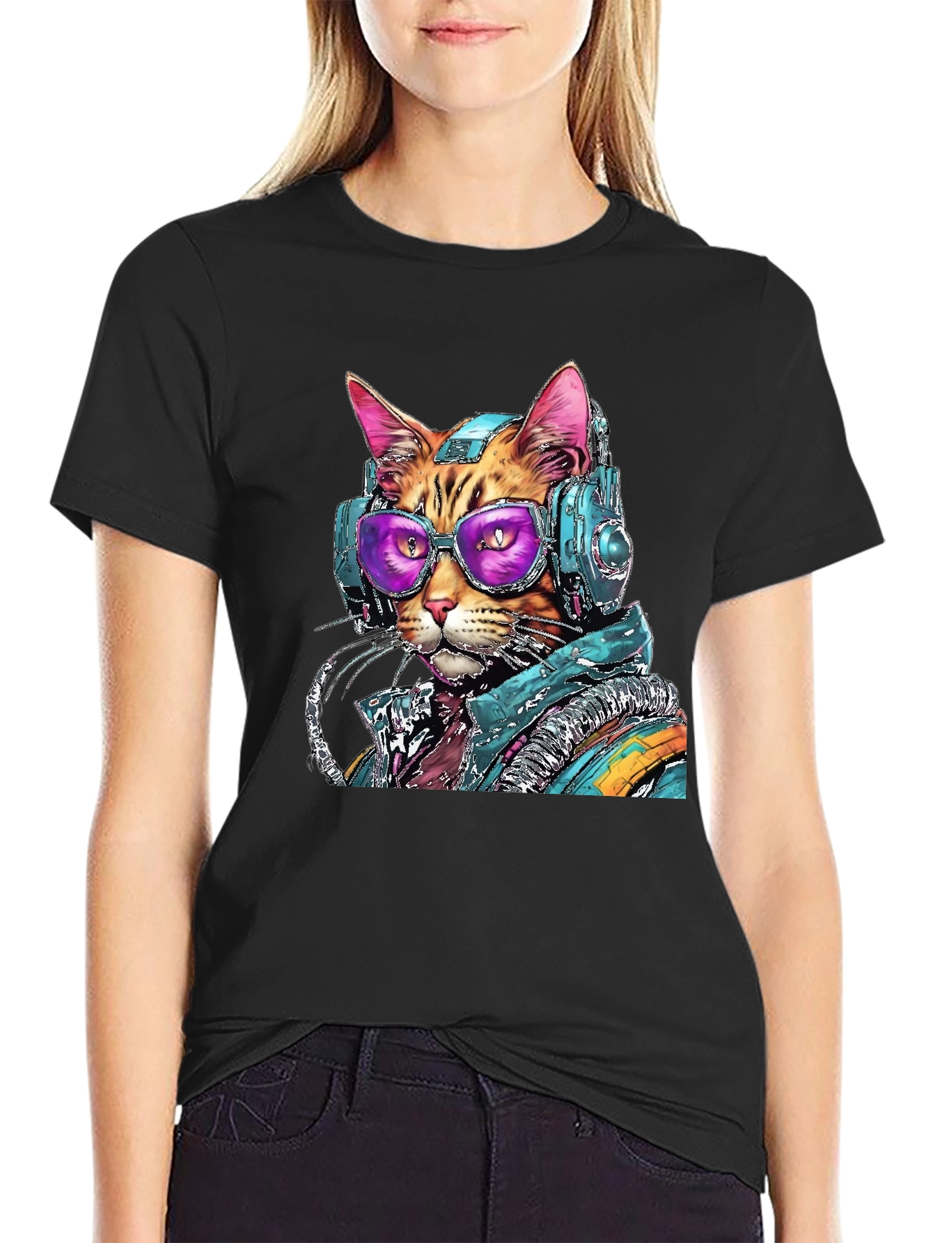Black Cool Cat DJ Graphic Tee - Black Cotton Comfort view 2