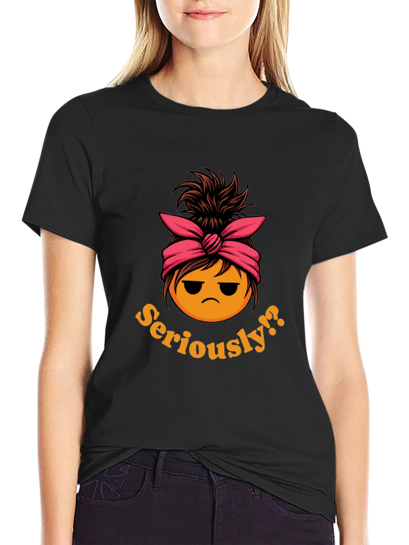 Black Seriously?! Messy Bun Emoji T-Shirt view 2