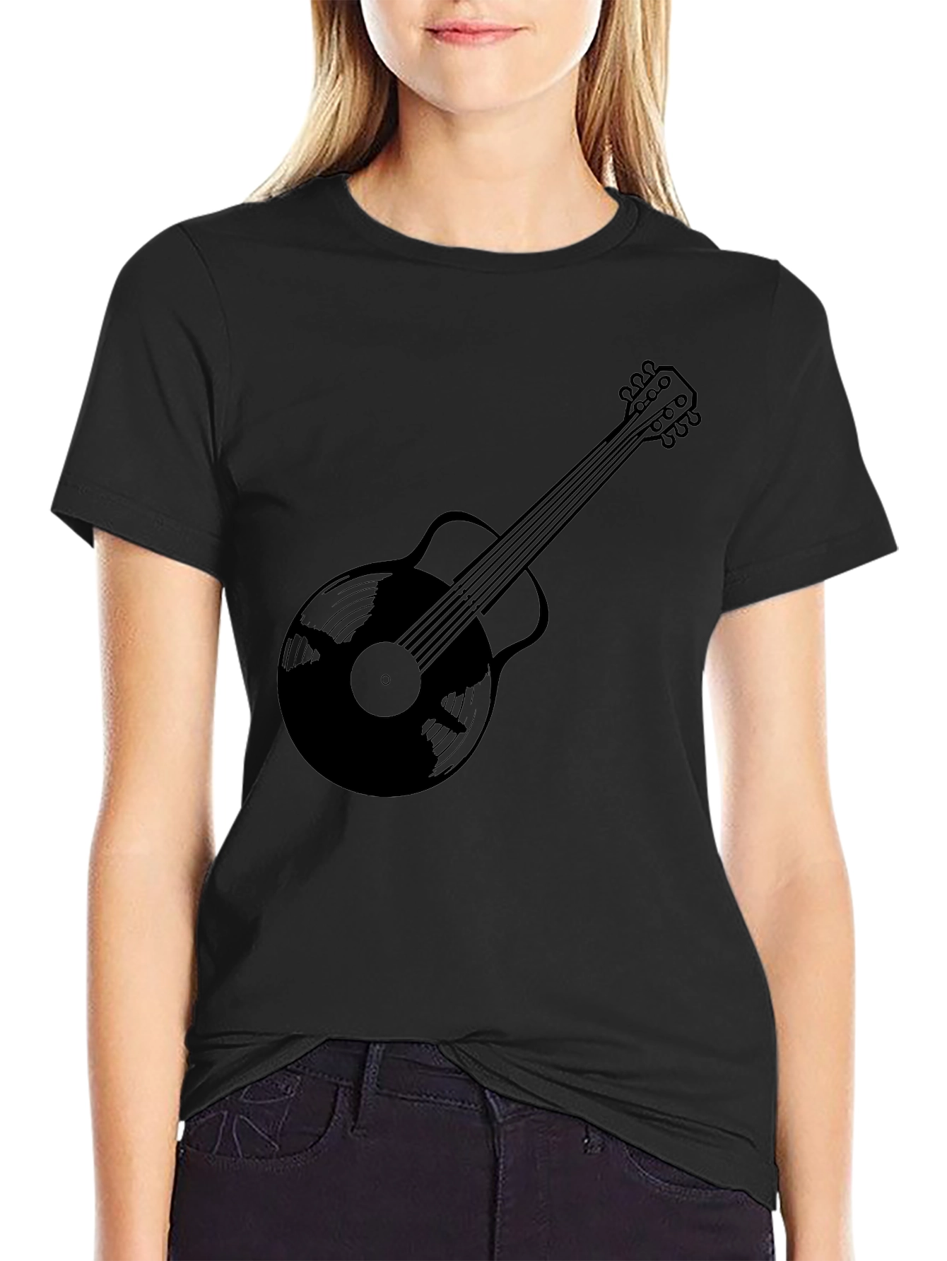 Black Guitar Vinyl Record Graphic Tee - Music Lover T-Shirt view 2