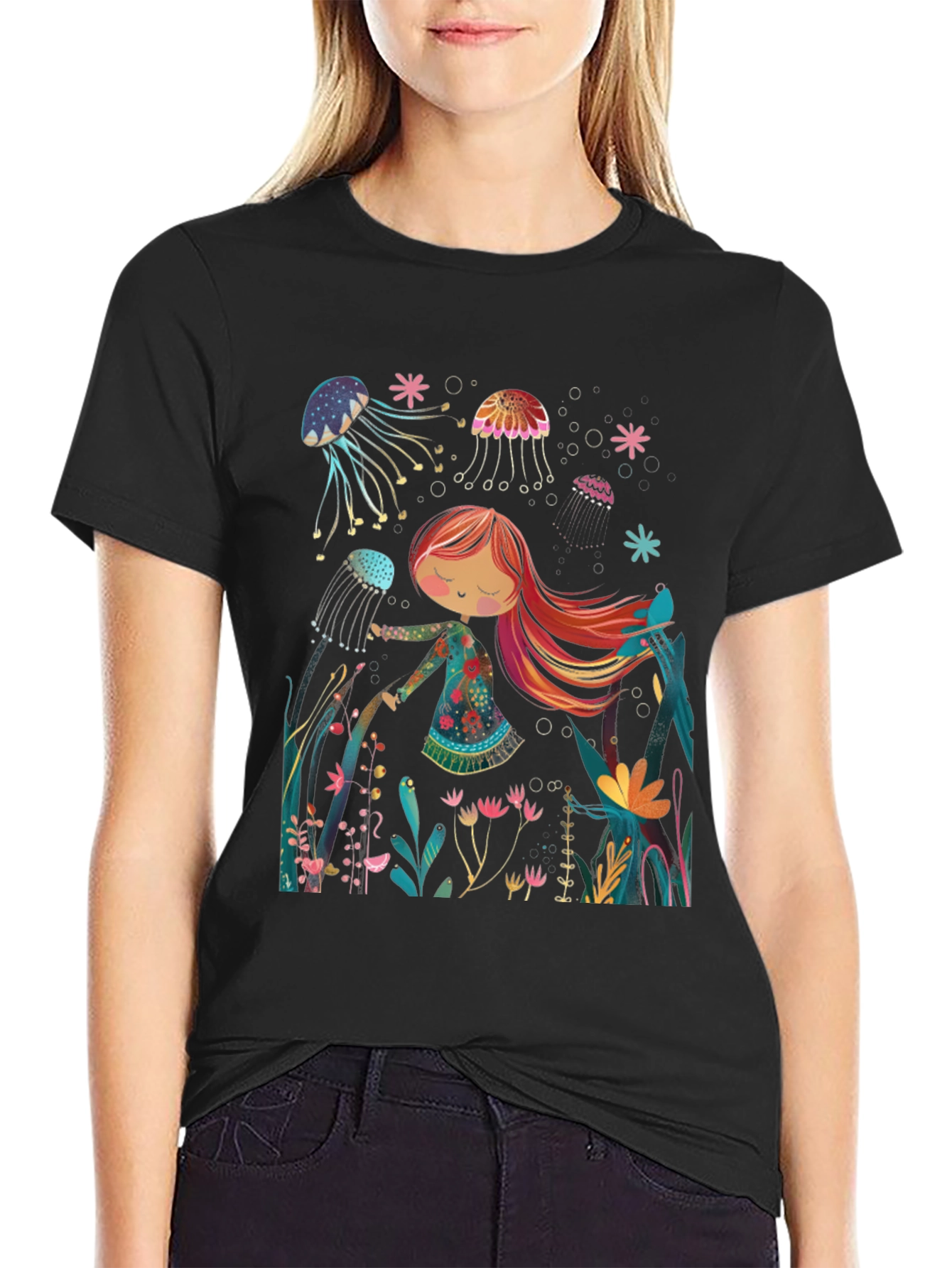 Black Whimsical Jellyfish T-Shirt - Unique Graphic Tee view 2