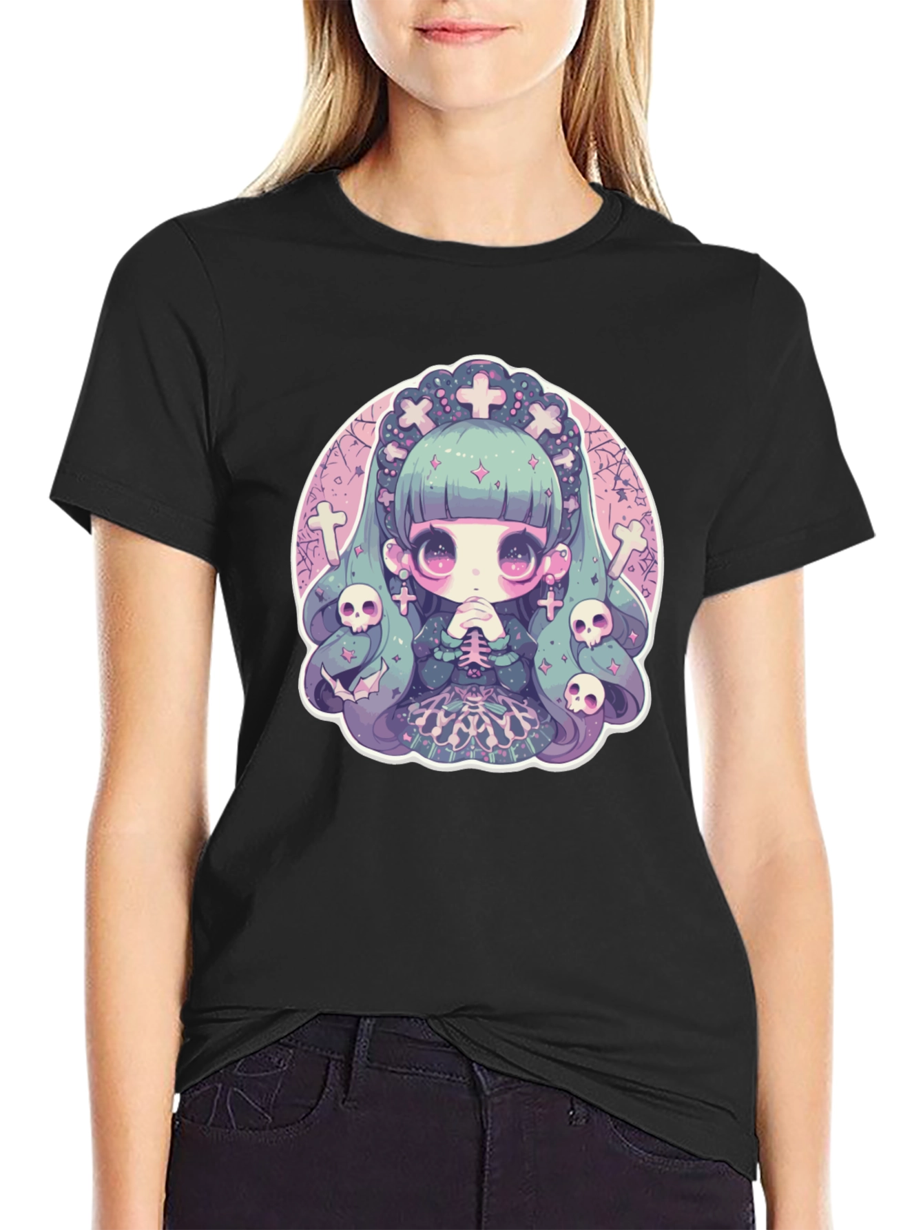 Black Gothic Anime Girl T-Shirt view 2
