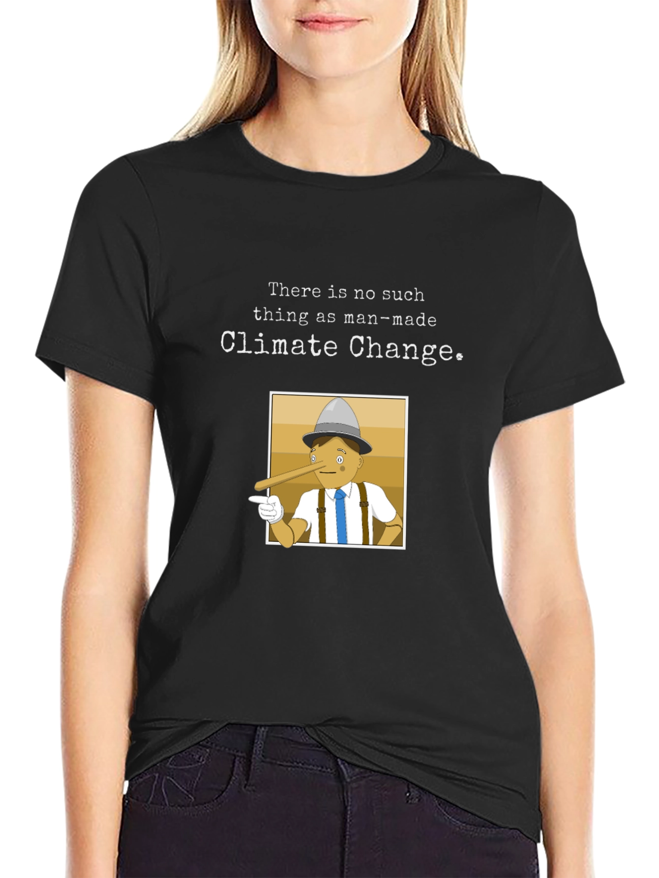 Black Climate Change Skeptic T-Shirt - Pinocchio Design view 2