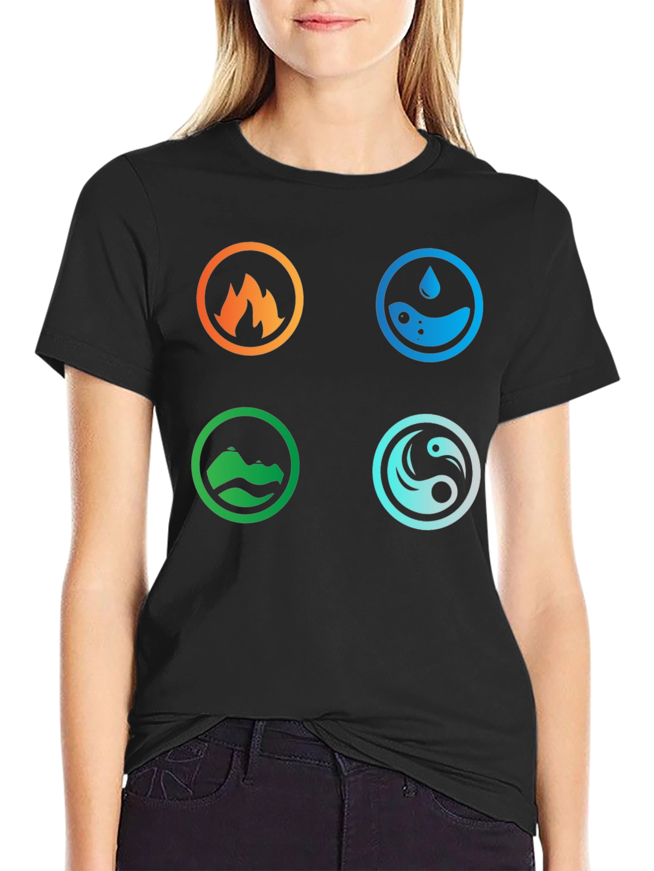 Black Elemental Symbol T-Shirt - Fire, Water, Earth, Air view 2