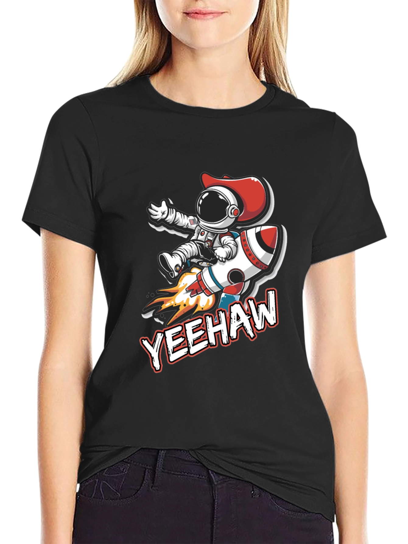 Black Yeehaw Astronaut T-Shirt: Space Cowboy Design view 2