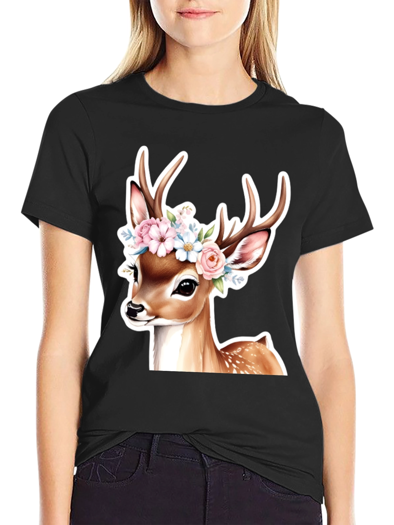 Black Deer Floral Crown Black T-Shirt view 2