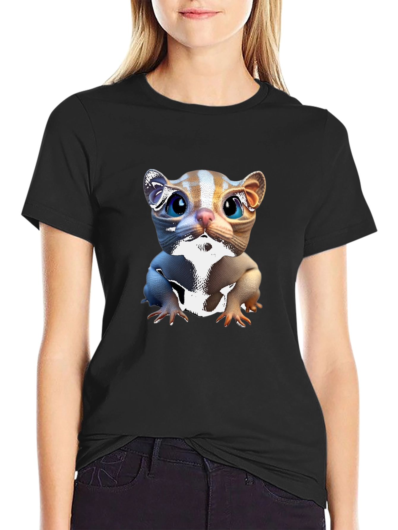 Black Cute Cartoon Cat Black T-Shirt view 2