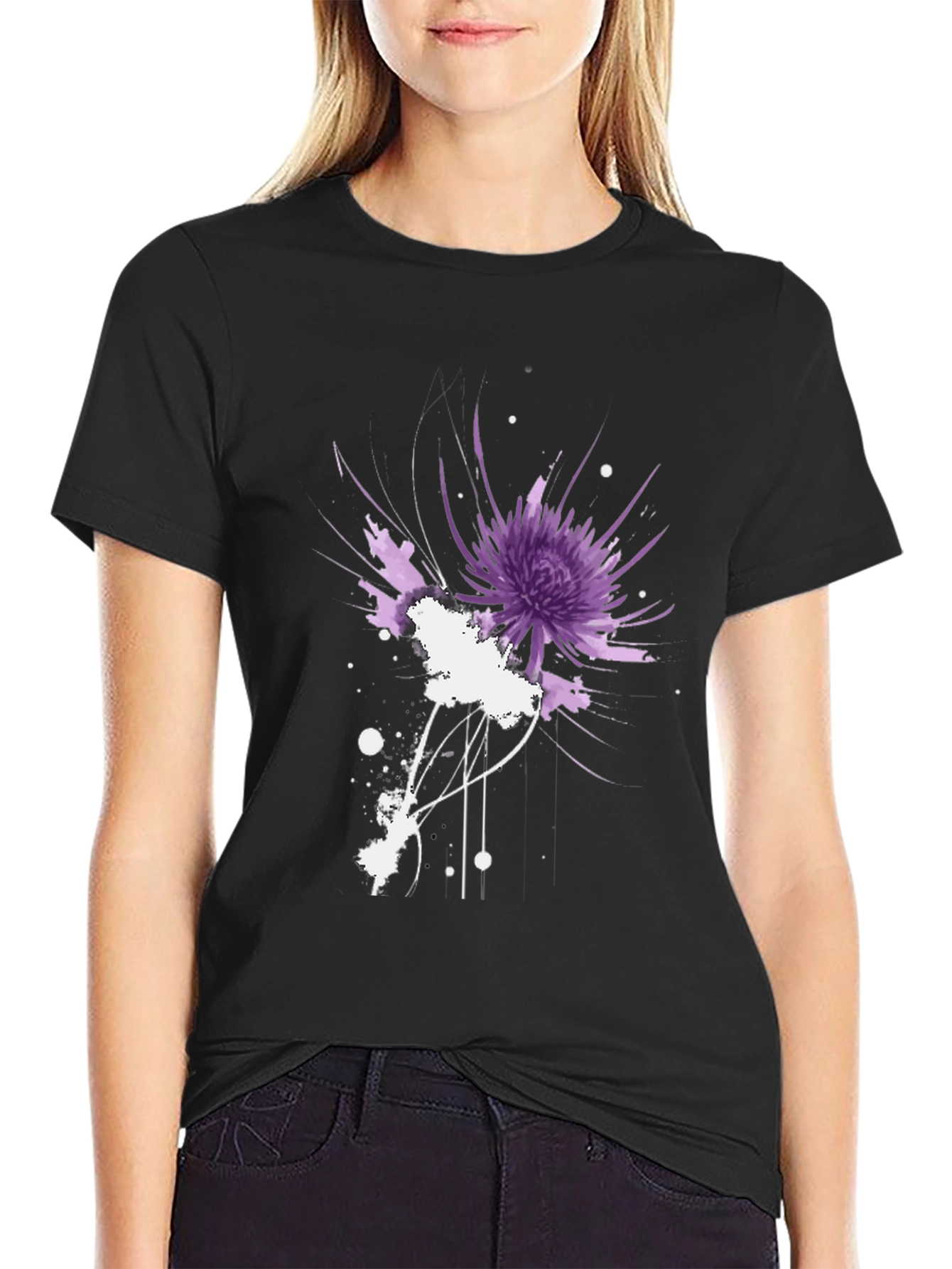 Black Abstract Floral Graphic Black T-Shirt view 2