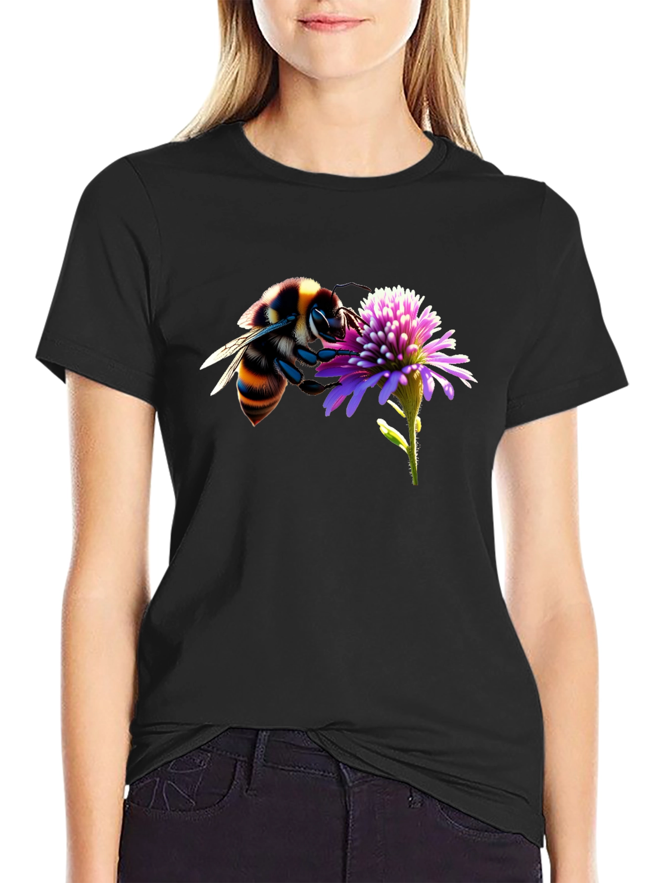 Black Bee on Flower Graphic Tee - Black Cotton T-Shirt view 2
