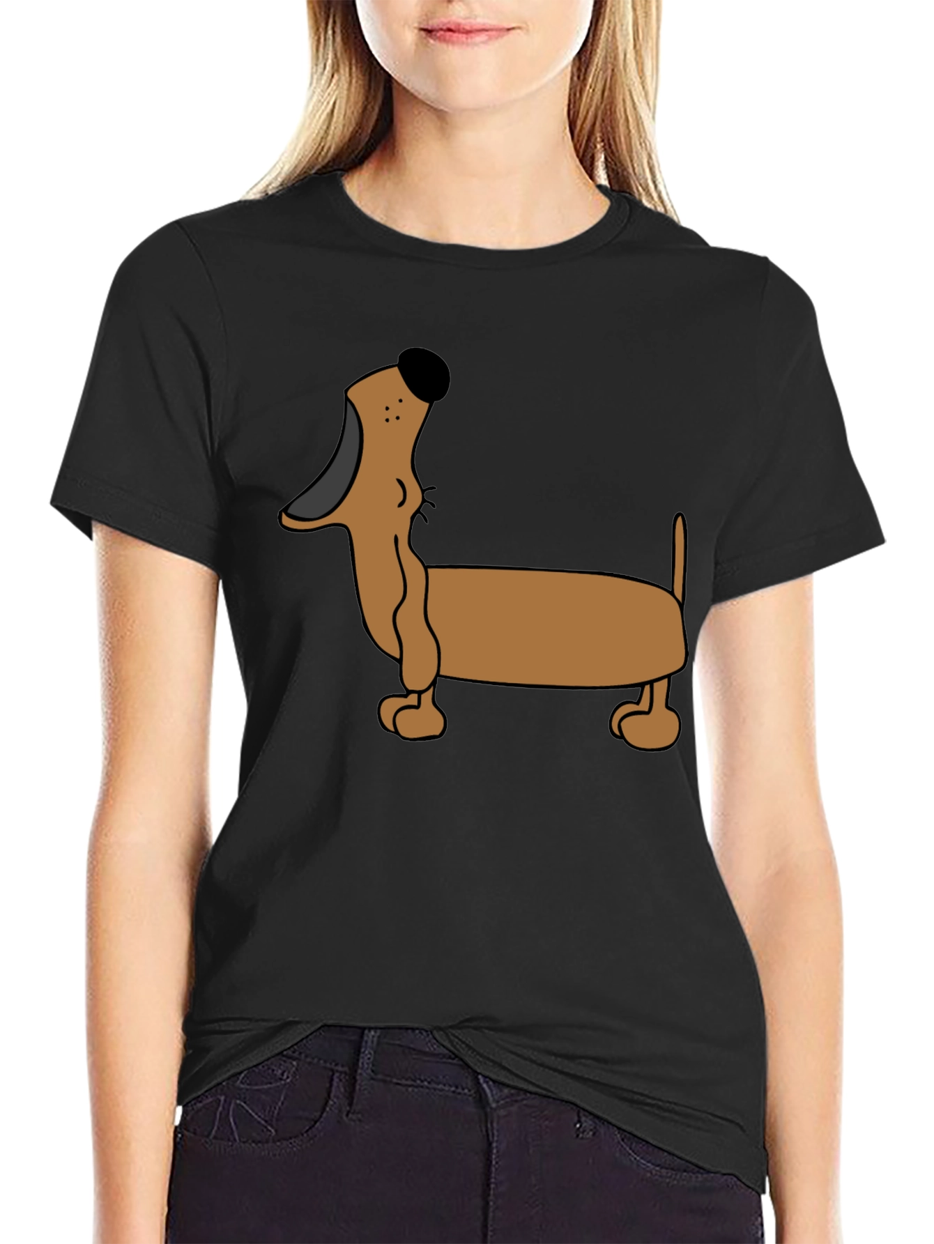 Black Cartoon Dachshund T-Shirt - Black view 2