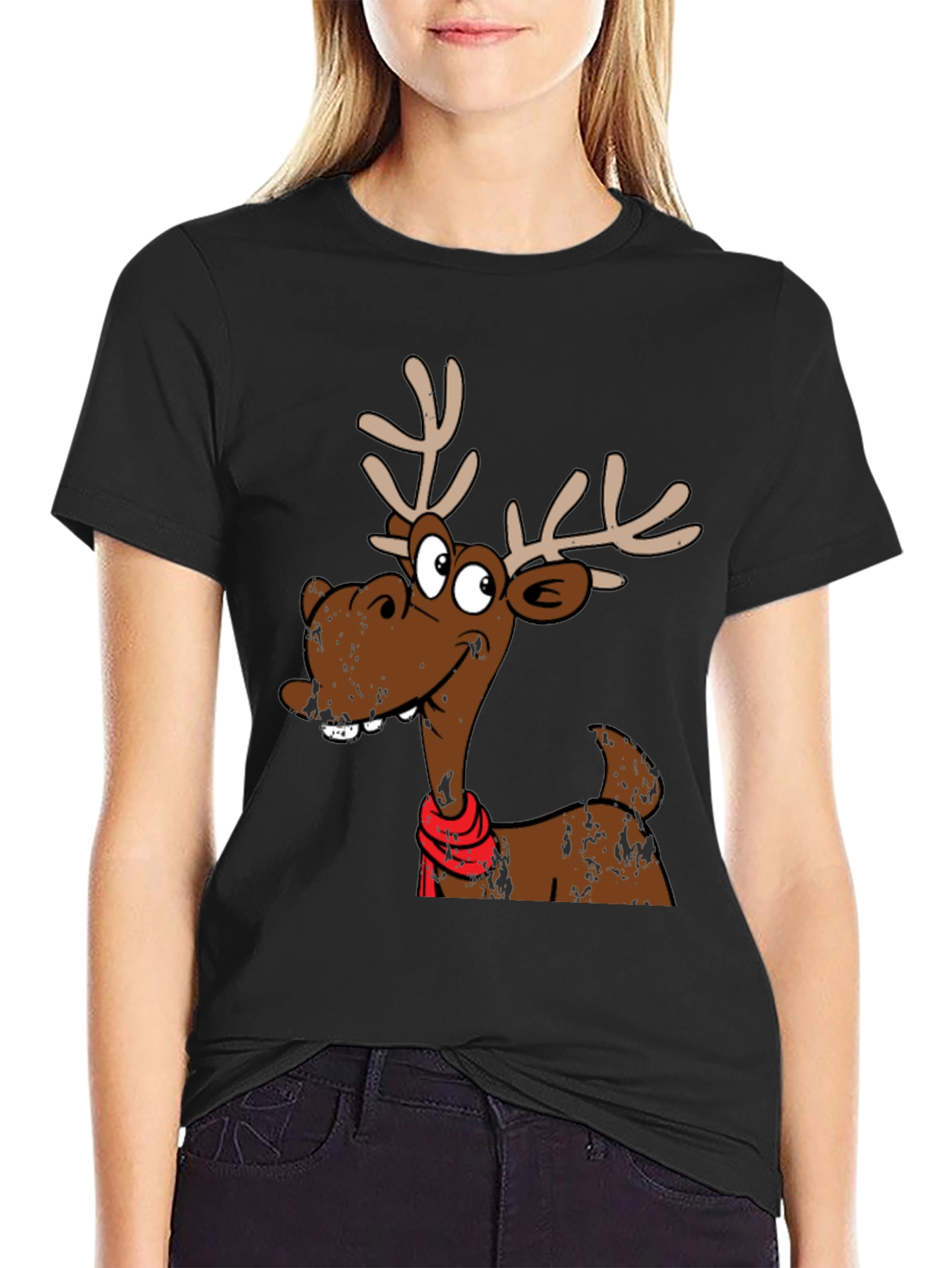 Black Funny Reindeer Graphic T-Shirt - Holiday Style view 2
