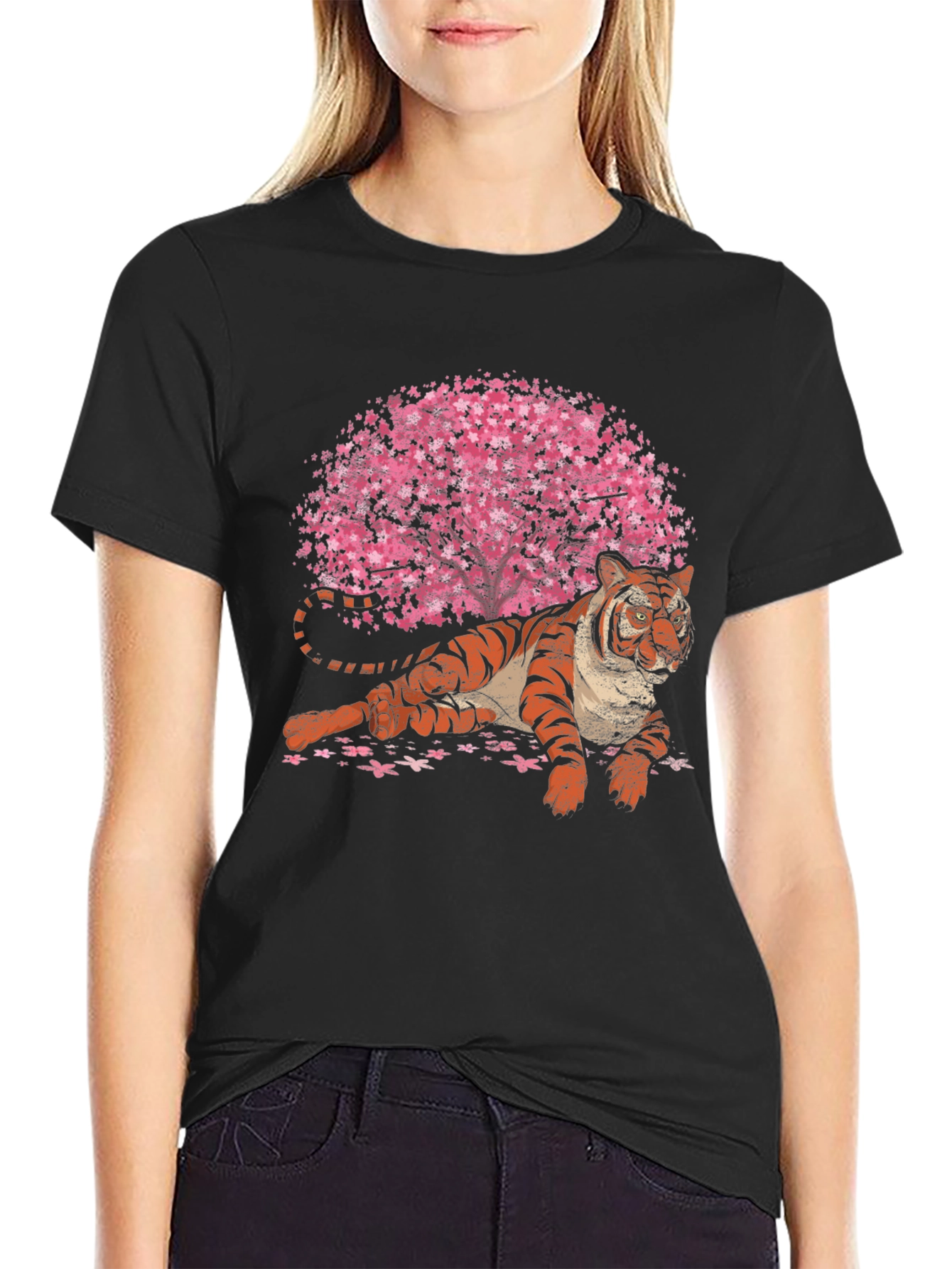 Black Tiger & Cherry Blossom Graphic T-Shirt view 2