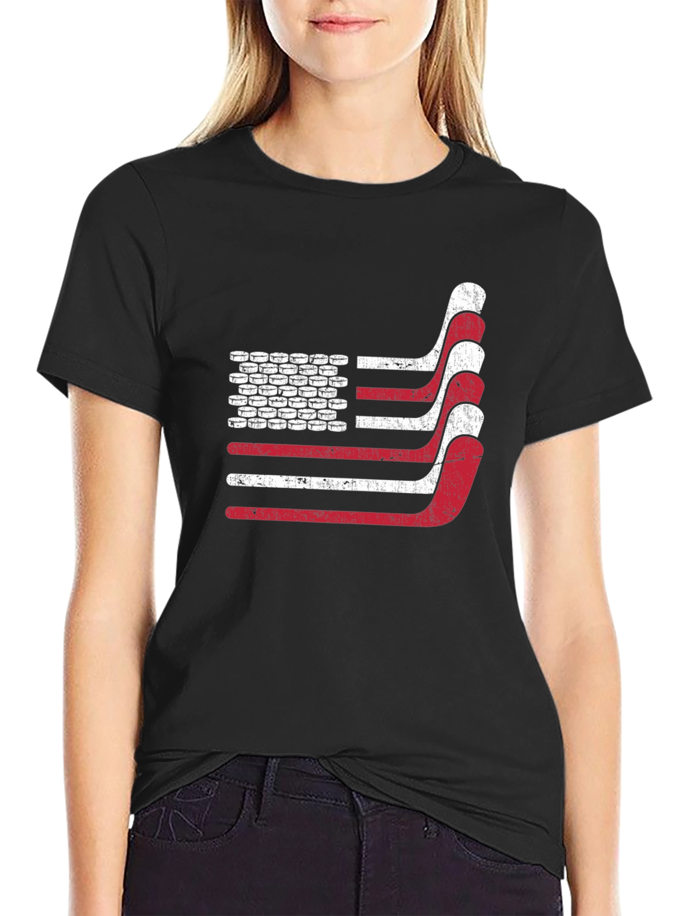 Black Hockey American Flag T-Shirt - Patriotic USA Tee view 2