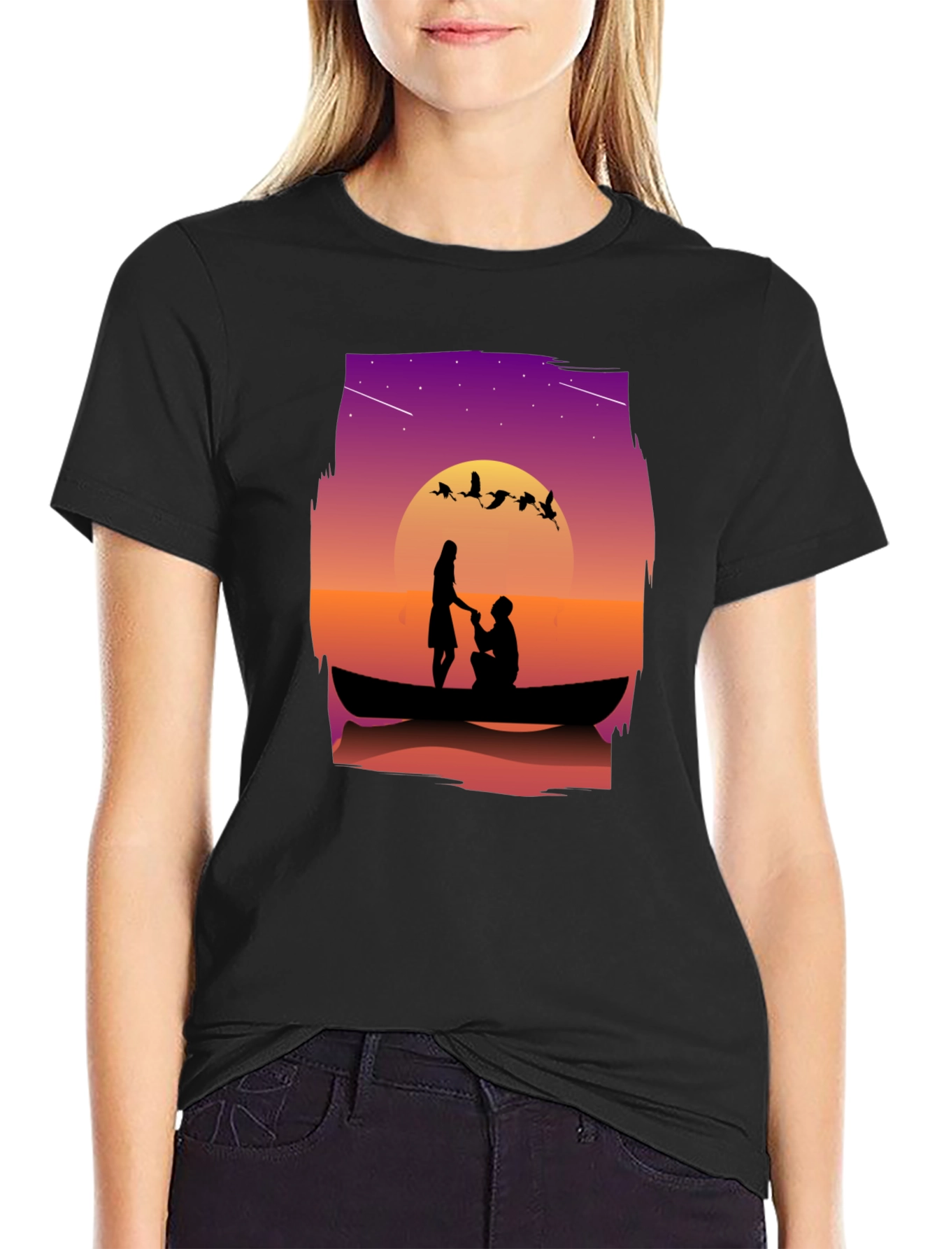Black Romantic Sunset Proposal Graphic T-Shirt view 2