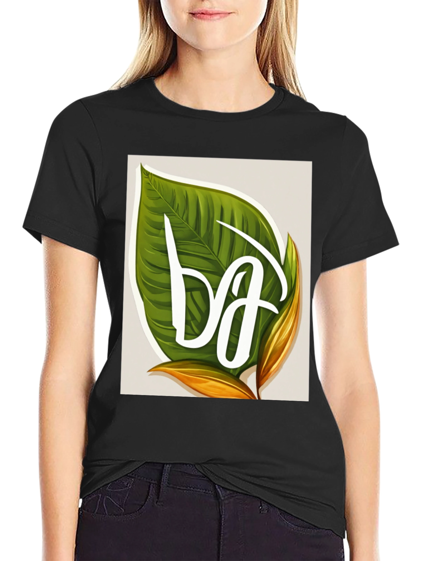 Black Leaf Letter T-Shirt - Tropical Style view 2